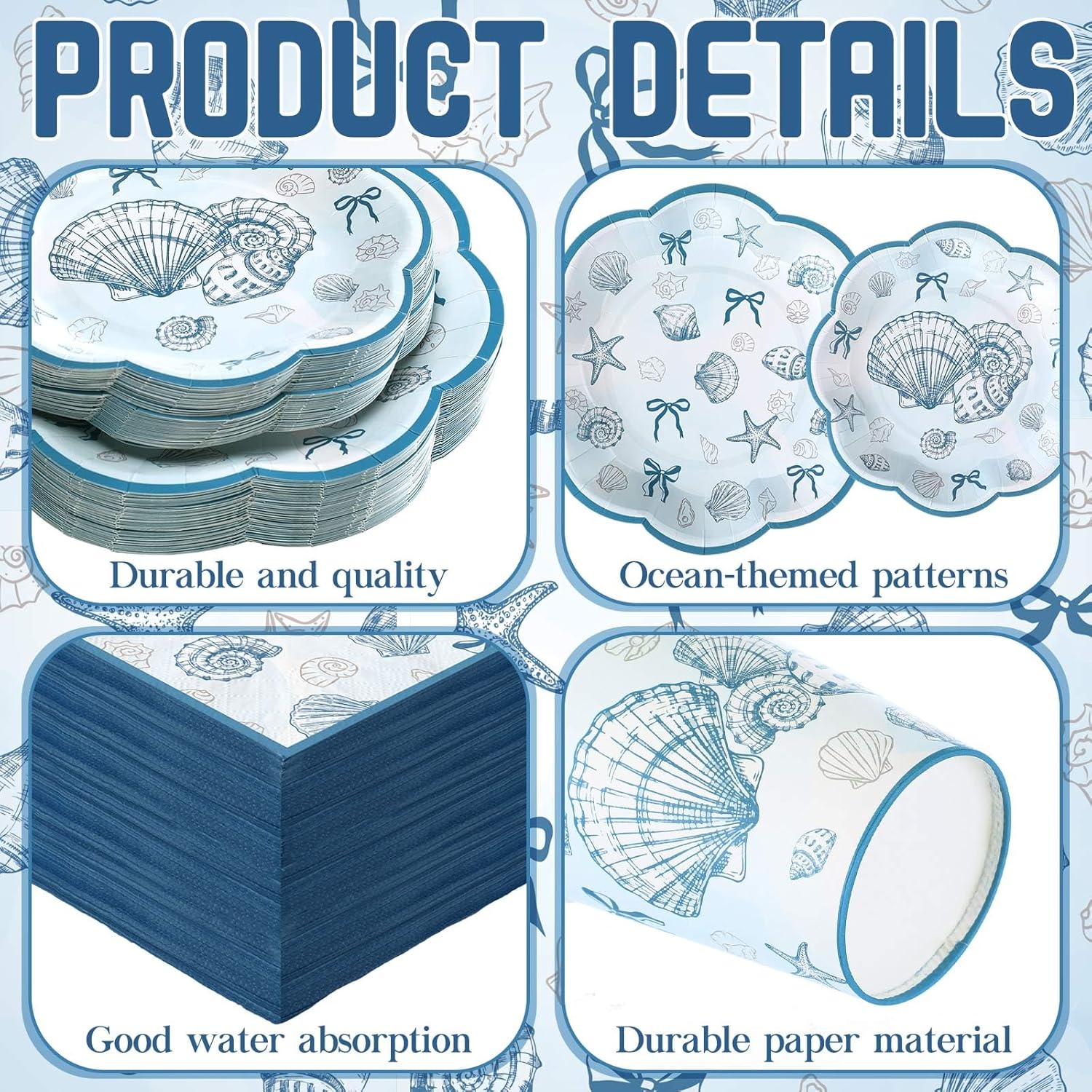 250 Pcs Seashell Party Decorations Plates and Napkins Beach Theme Disposable Tableware Dinnerware for 50 Guests Blue Bow Seashell Paper Plates Napkins Cups for Bridal Shower Coastal Party