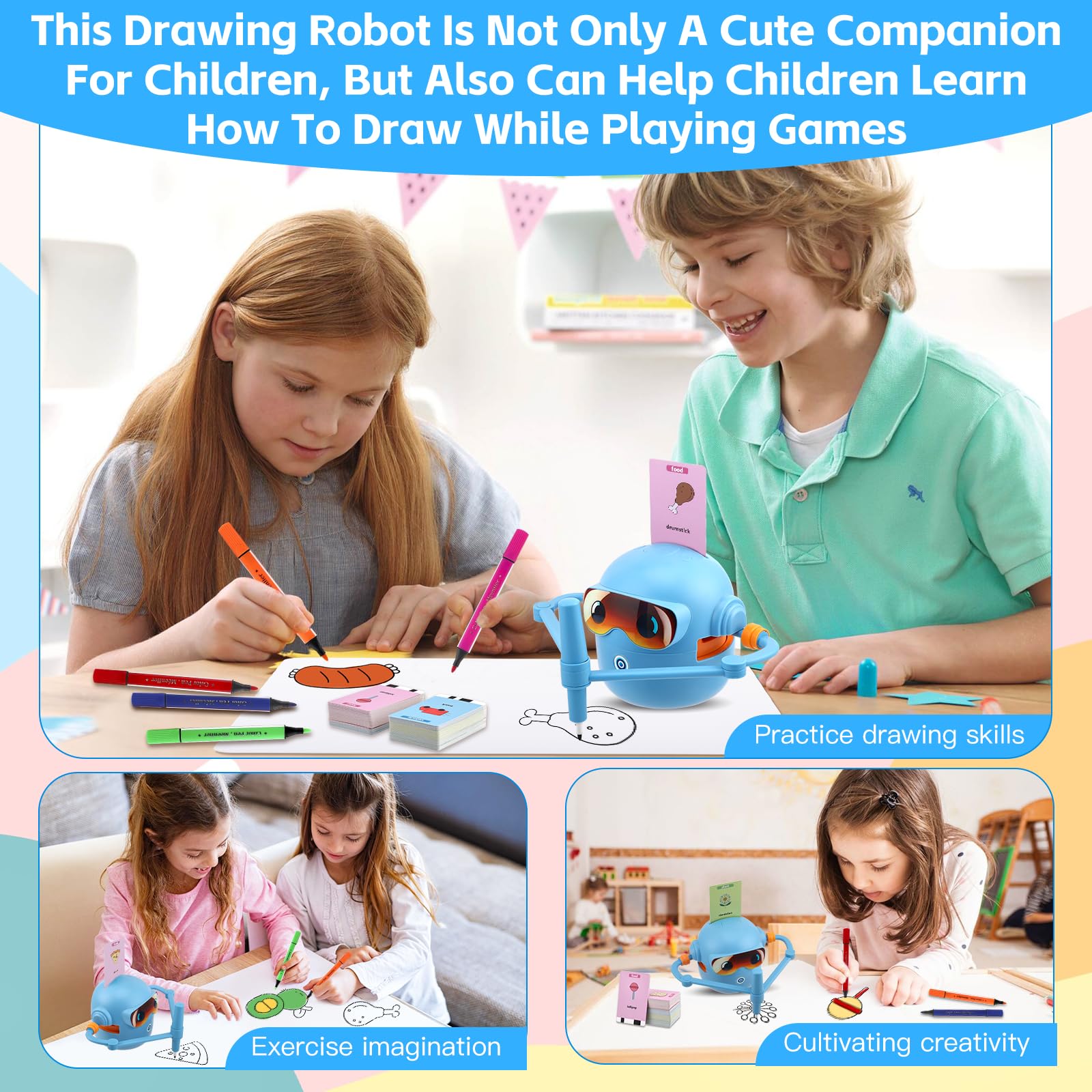 Robot da Disegno per Bambini con Guida Vocale, Giocattolo Educativo Interattivo con 100 Carte e 12 Pennarelli Colorati, Robottino Giocattolo Educativo per Precoce per Bambino Bambina dai 3 Anni(Blu)