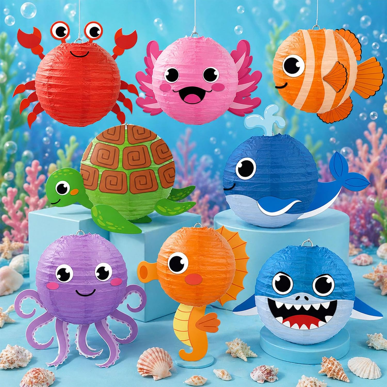 8PCS Sea Animals Paper Lanterns 8 Inch Summer Under the Sea Themed Hanging Round DIY Lanterns Ocean Party Decorations Undersea Marine Animal Shaped Cutouts for Boys Girls Baby Shower Party Supplies