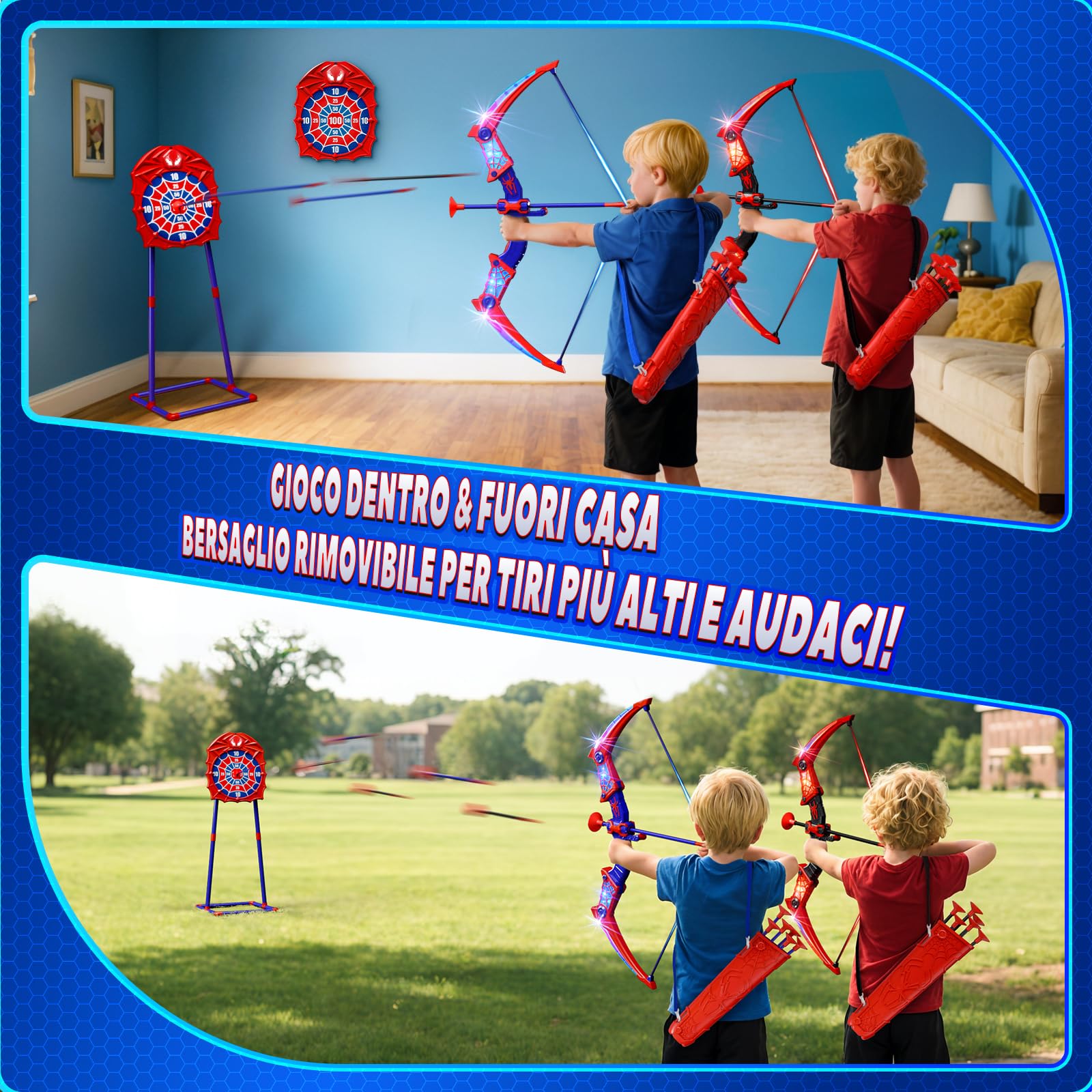 Giocattoli per 3-12 Anni Bambino, 2 Arco e Freccia Ragno con Luci LED Rosse e Blu, Bersaglio a Forma, 2 Ragno Faretre, Gioco Bambino 3-9, Giochi Bambini Regalo Bambino 3 4 5 6 7 8 9 10 Anni Maschio