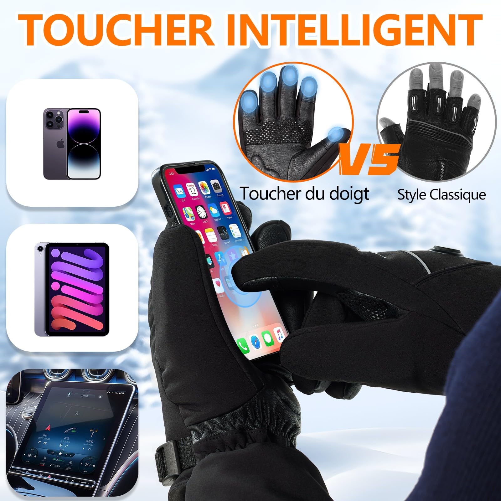 Gants Chauffants Homme Femme avec 2x5V 6000mAh Batteries, Gant Chauffant Moto à 3 Niveaux, Charge de Type C, Imperméables, Gants Tactiles pour Le Ski, la Randonnée et Le Cyclisme