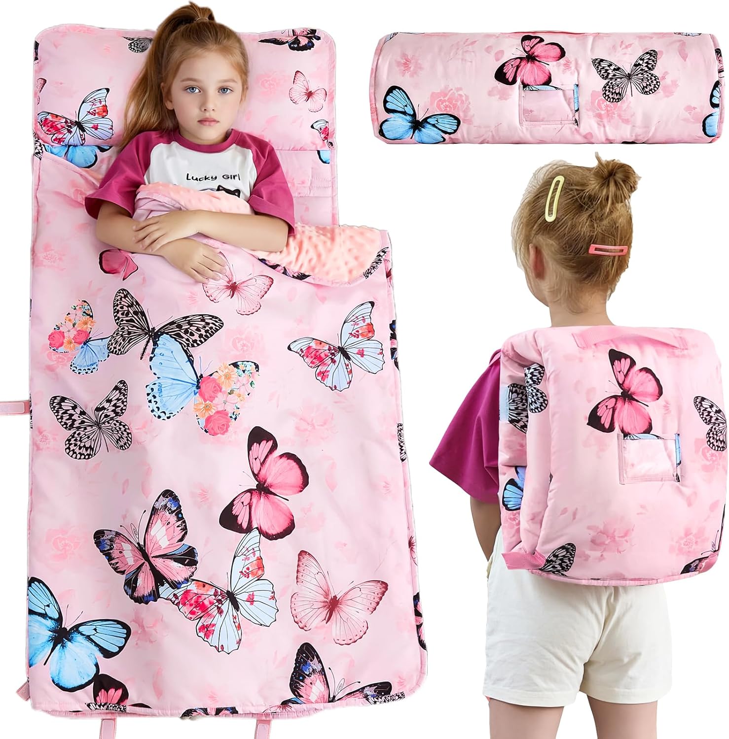 Anibedding Nap Mats with Pillow and Blanket, Pink Butterfly Slumber Bags for Kids Daycare Preschool Travel Camping(Backpack and Hand-Carry Style)