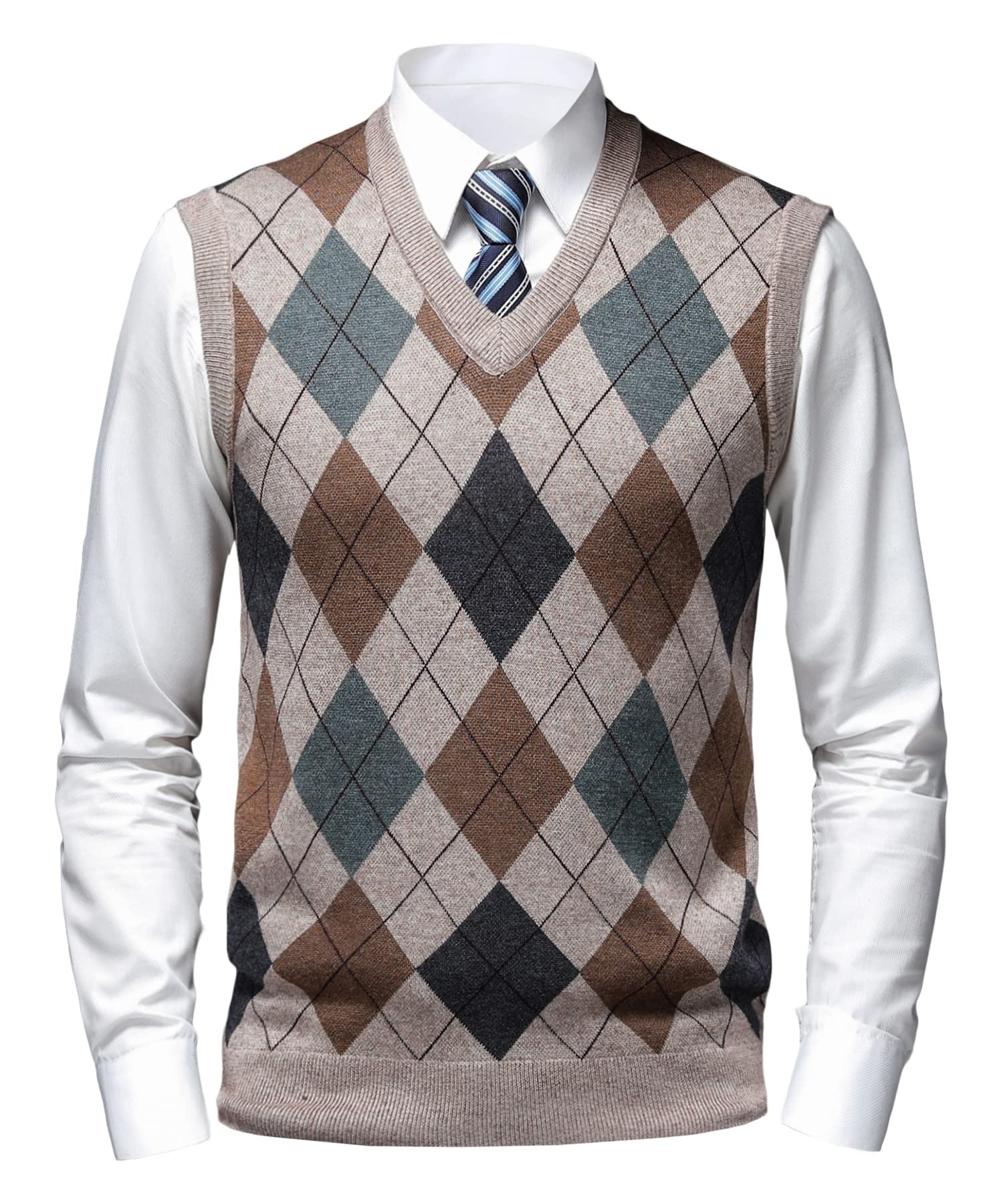 Chaleco de Punto para Hombre Argyle Suéter Cárdigan sin Mangas Jersey con Botón Gentleman Clásico Grueso Tank Tops con Cuello en V Otoño Invierno