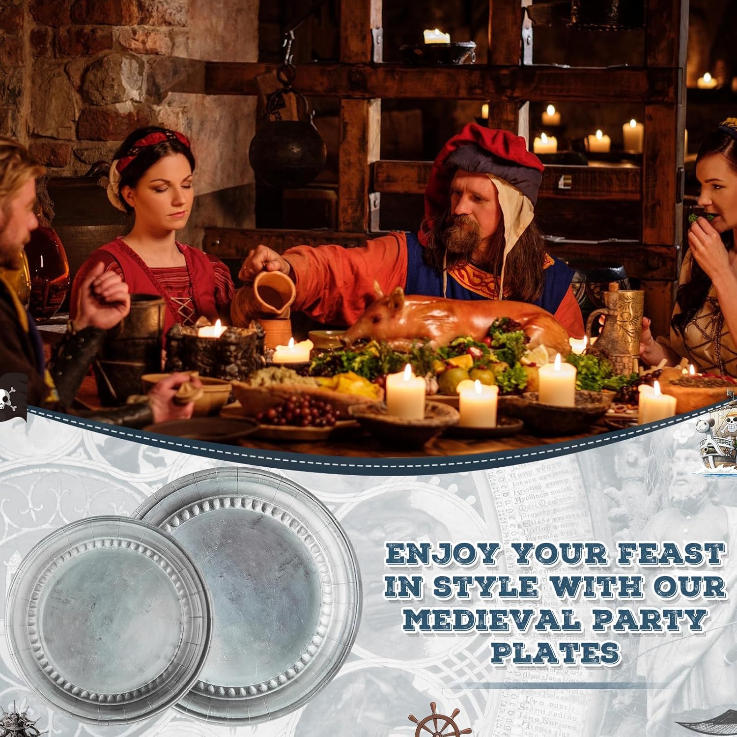 48 Pcs Medieval Party Supplies Disposable Pewter Paper Plates Dinner Round Tableware Vintage Silver Grey Plates Disposable for Pirate Halloween Party Supplies 9" and 7''