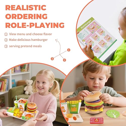 Miniatura 6 de Montessori Toys - Juego de comida de juguete para niños de 3, 4 y 5 años, cocina de madera de juego de comida rápida con hamburguesas, papas fritas,