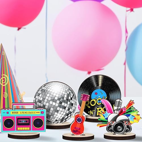 Miniatura 6 de Centros de mesa de madera de discoteca de los años 70, recuerdos de fiesta de discoteca, recortes de disco retro de rock, guitarra de bola de