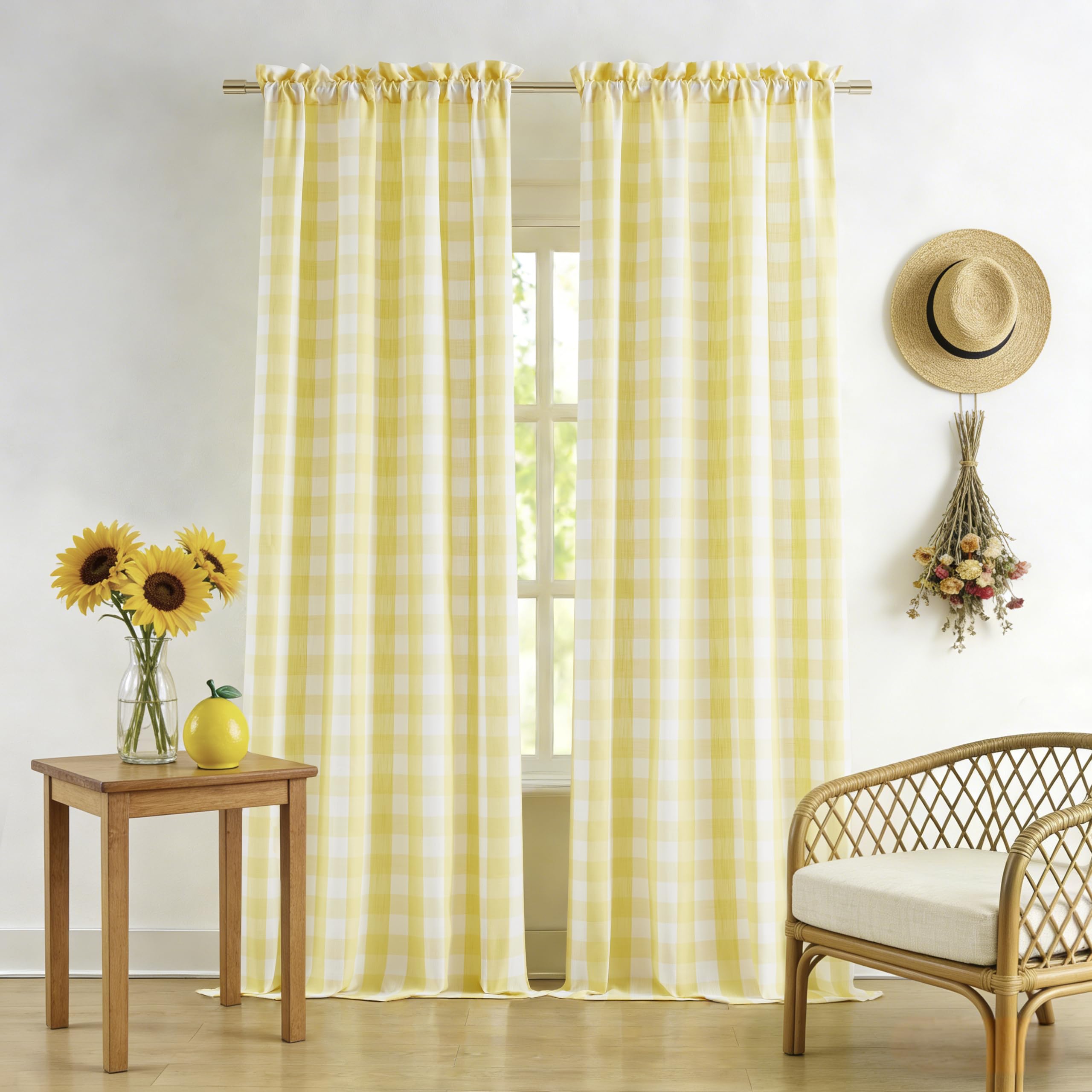 Bapawfish Yellow White Buffalo Plaid Semi Sheer Curtains 90 Inches Length