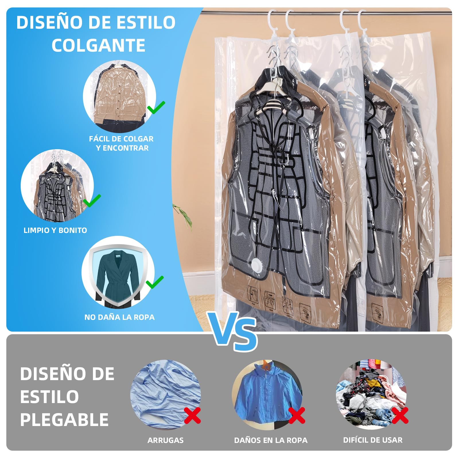 AGPTEK 6 Bolsas Vacío Colgantes para Trajes y Abrigos con Bomba Eléctrica, Ahorra 80% Espacio, Material PA+PE 8 Mil Reutilizable para Viaje y Almacenamiento Ropa