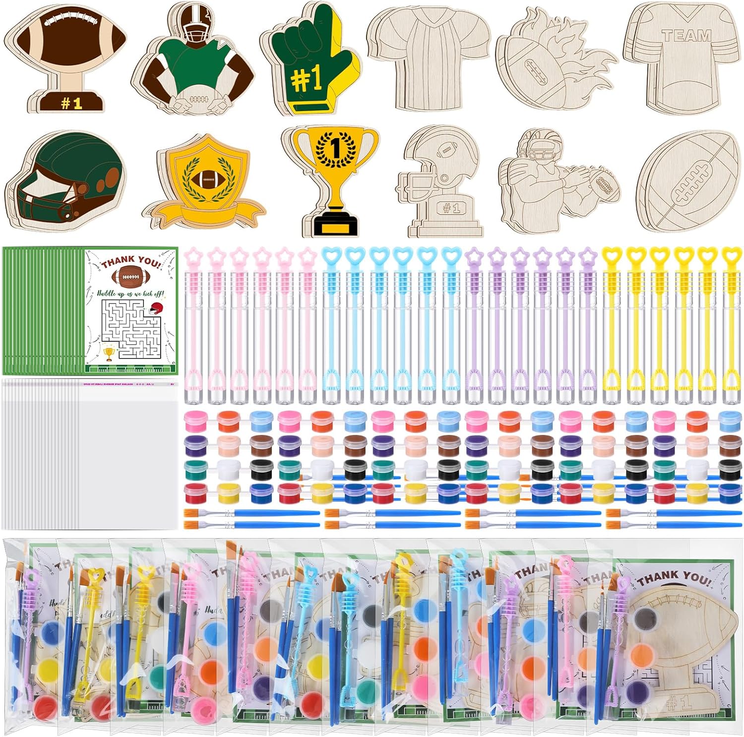 Jenaai 24 Set Wood Football Painting Craft Kit Football Party Favors Soccer Birthday Party Supplies Sports Theme Bubbles Wands & Paint DIY Crafts Kit Soccer Birthday Decorations Goodie Bag Gift Prize