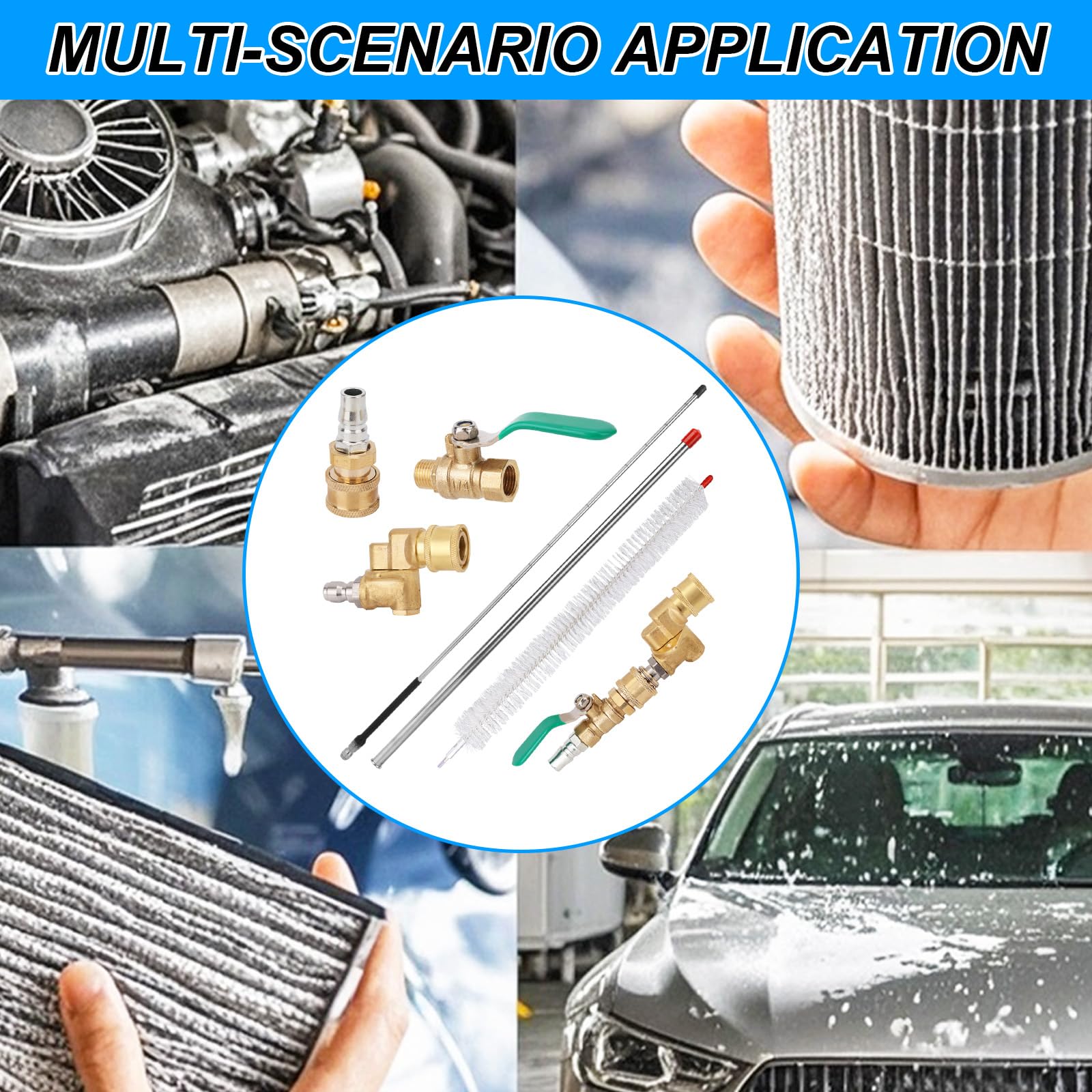 Kit Asta Pulizia Radiatore, Asta 57cm con 5 Giunzioni Angolate Interruttore Valvola Spazzola Strumento Pulitore Radiatore per Auto Camion Pulitrice a Pressione Pompa Aria Pressione Risciacquo