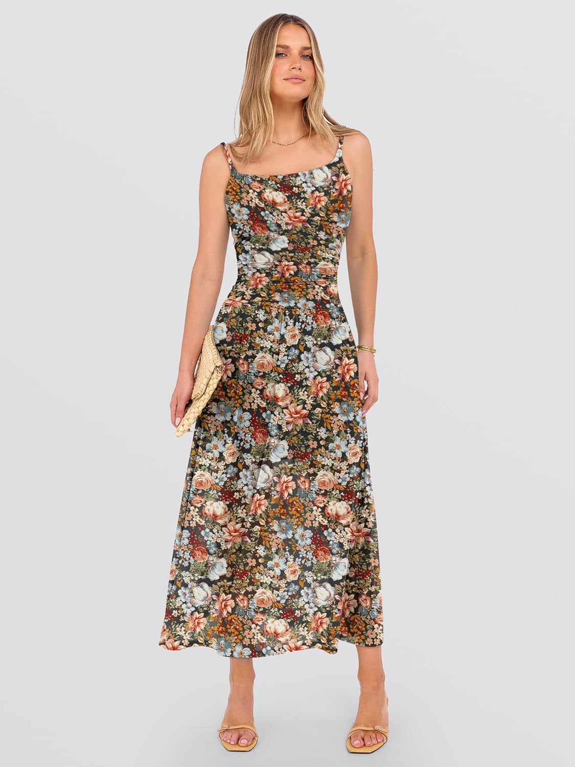 Caracilia Womens Summer Midi Dress Mesh Floral Spaghetti Strap Ruched Cocktail Party Wedding Guest Beach Vaction Long Dresses - Image 2