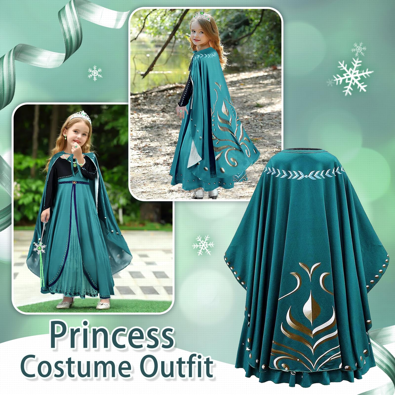 Prinzessin Kleid Mädchen, Langarm Kostüm Kleid mit Umhang für Kinder, Prinzessin Königin Grün Krönung Kostüm für Kinder Verkleidung Karneval Halloween Weihnachten Fasching Cosplay