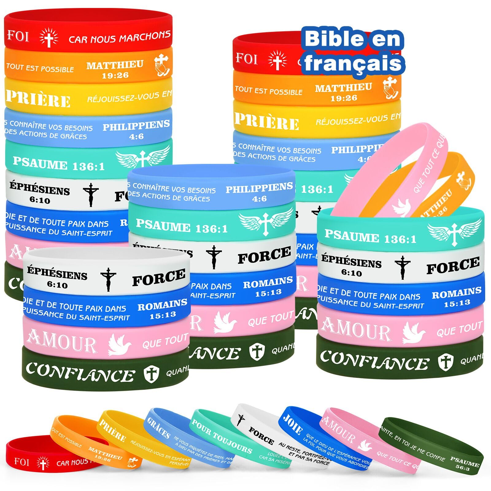 Bracelet de motivation en silicone bible version française de 8 pouces, bracelet cadeau religieux, 9 citations bibliques, 9 couleurs, cadeau idéal, cadeau d'équipe