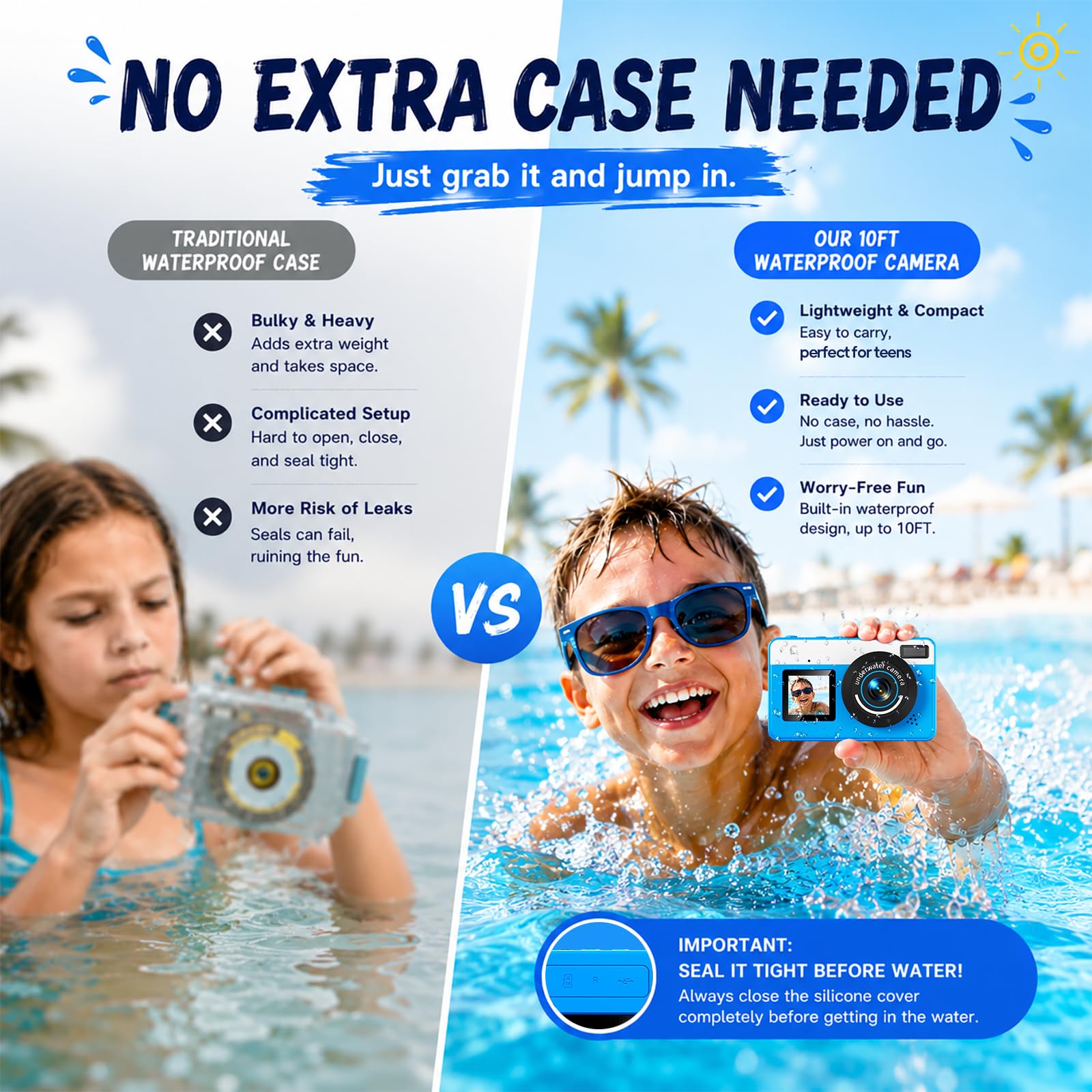 Maxmango D70 4K Unterwasserkamera, 10FT Selfie Doppelte Bildschirme, 32GB Karte, 18X Digitalzoom