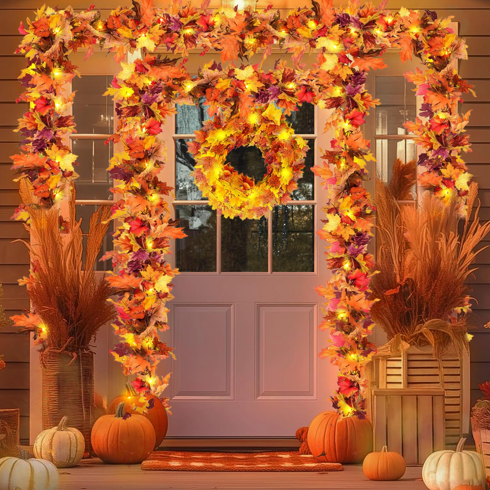 Décoration de Thanksgiving haut de gamme avec double guirlande végétale lumineuse