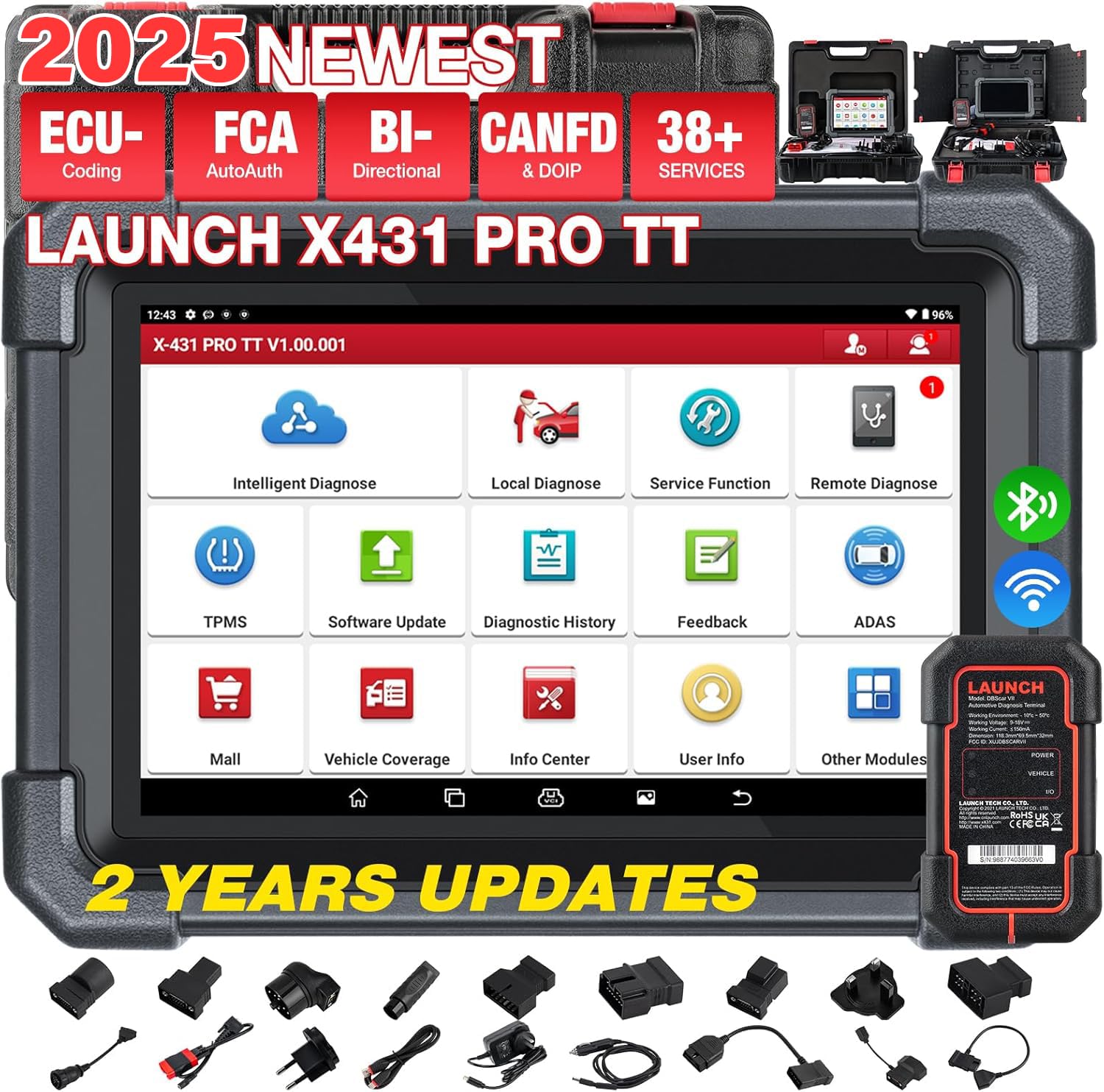LAUNCHX431 PRO TT LAUNCH OBD2 Scanner Bidirectional Car Diagnostic Tool Fast DBSCar VII Connector,Full System Diagnostic,ECU Online Coding, 38+ Reset,FCA AutoAuth, V.A.G Guide OBD2 diagnostic Tool