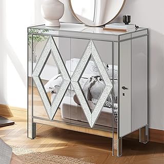 SSLine Mirrored Sideboard Storage Cabinet with Diamond Shape Crystal Dec...