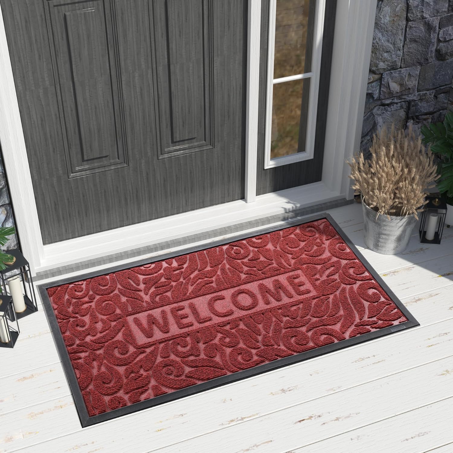 Yimobra Welcome Front Door Mat Outdoor, Heavy Duty Sturdy Non Slip Doormats, Rubber Backing, Low-Profile Entrance Rugs, Absorbent Resist Dirt, Easy Clean Patio Garage Floor Mats, 47X24 Inch, Wine Red Wine Red 47 x 24 Inch