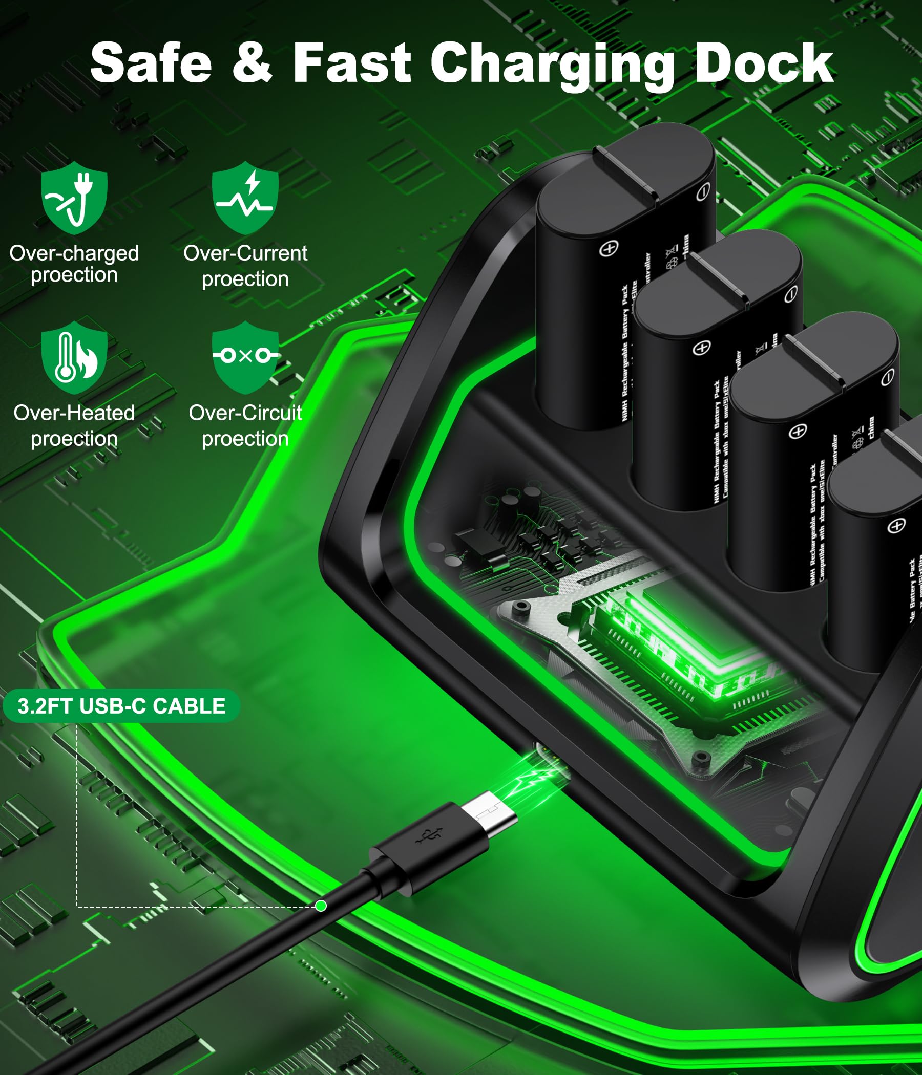 Batteria per controller Xbox con 4 batterie da 5520 mWh per Xbox One/Xbox Series X/S, stazione di ricarica ricaricabile per Xbox One con porta USB per la ricarica