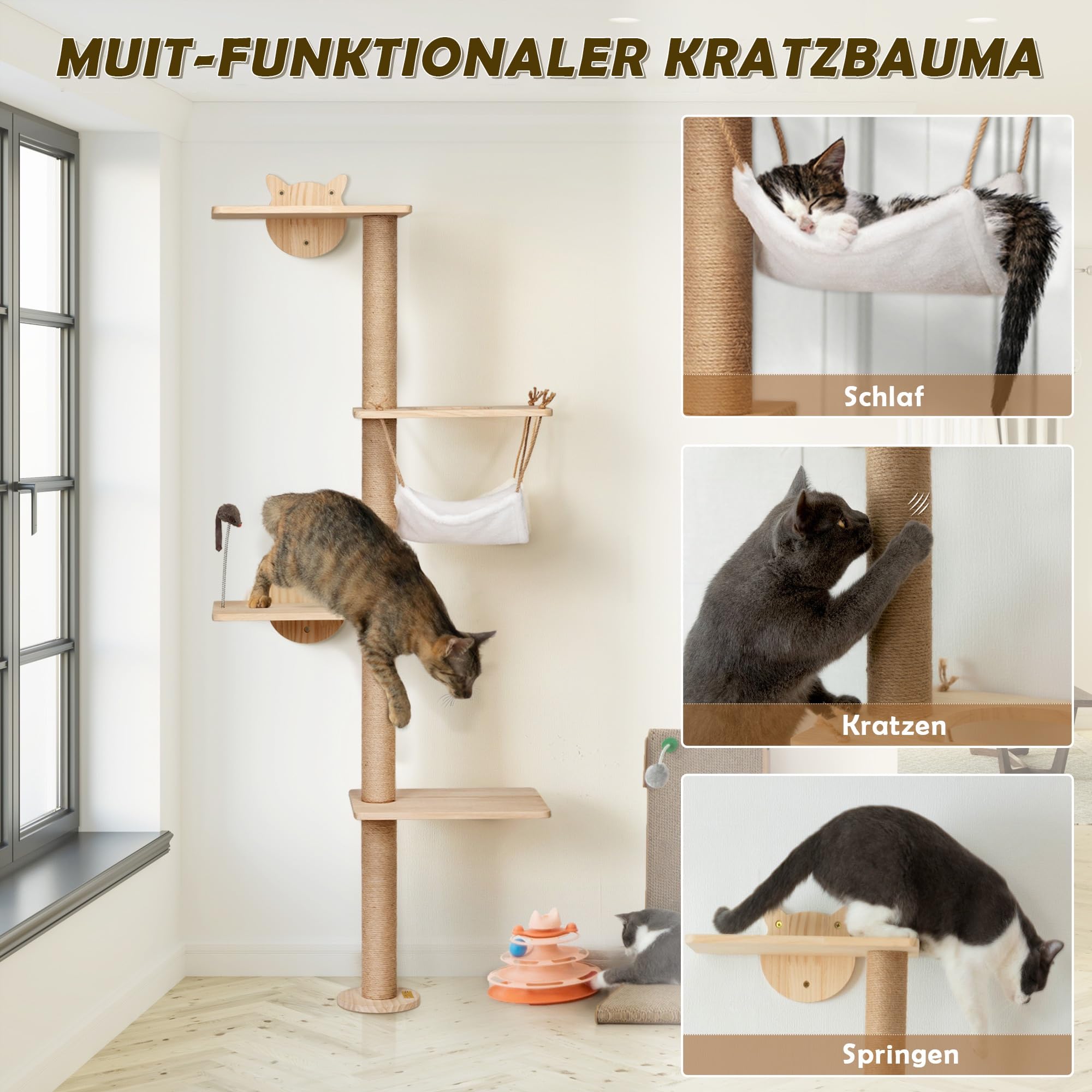 Kratzbaum für Katzen Wand Klettern 4 Etagen Katzenturm(176 cm) aus Natürliches Kiefernholz Katzenregal mit Hängematte und Sisal-Kratzmatte Federnde Spielmaus Kletterwand für Wohnungskatzen