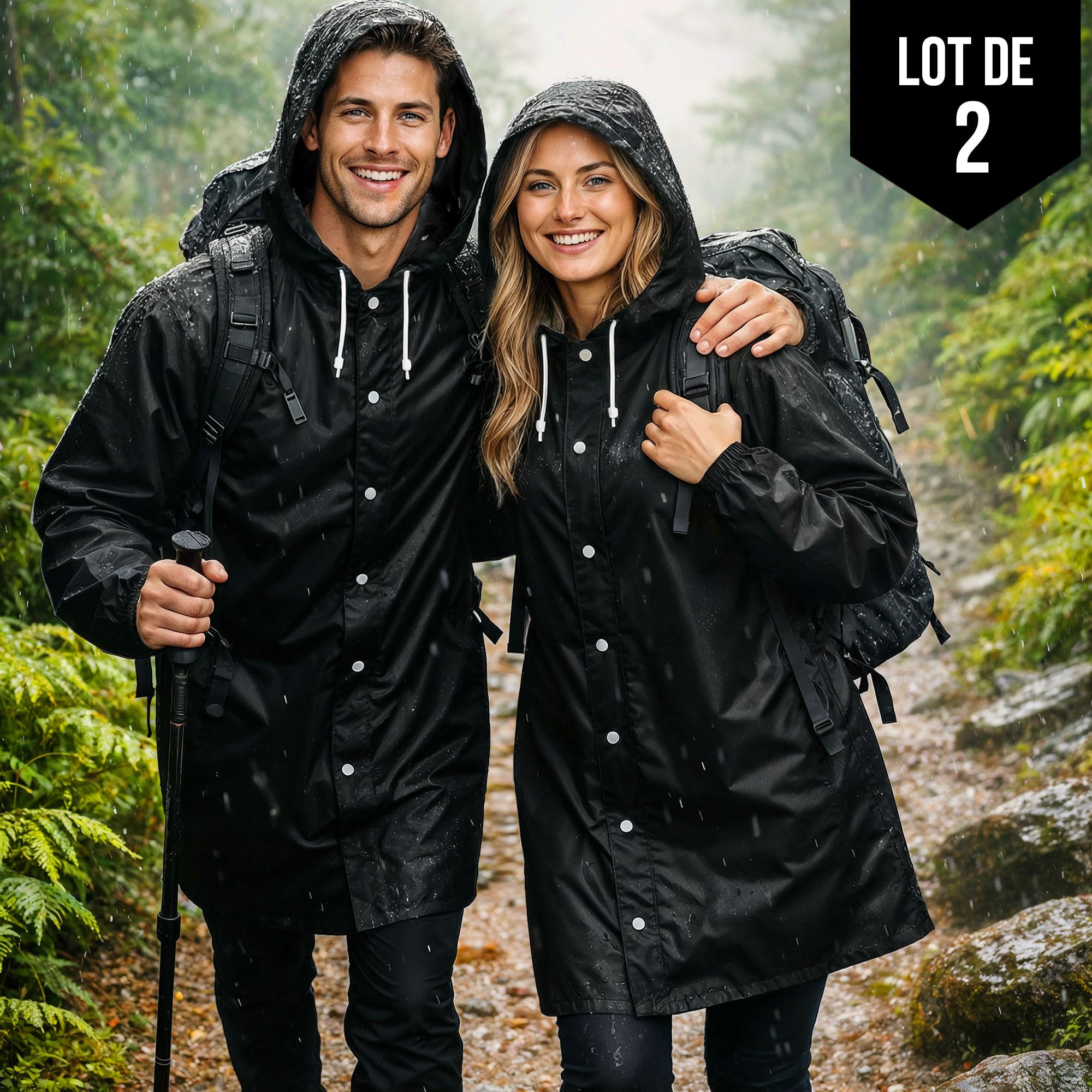 REDSTAR Poncho Pluie Imperméable Femme et Homme avec Capuche - 2 pièces, Veste longue waterproof à boutons pour adulte, Poncho de pluie long pour adulte, Pliable, Pour festival, randonnée, vélo