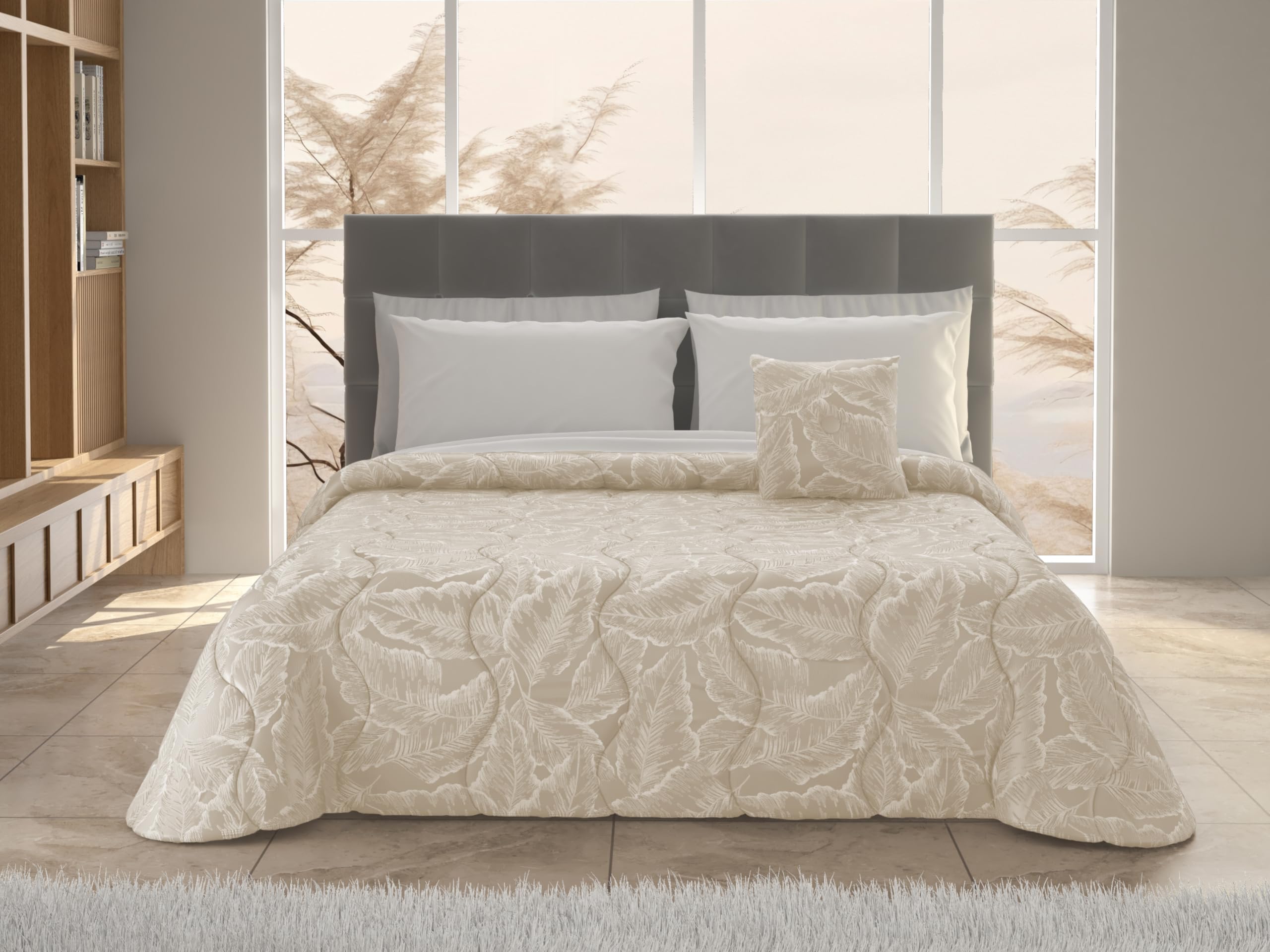 Trapunta Invernale Matrimoniale in Raso Jacquard,Panna Tortora e Grigio, 260x270 cm, con Cuscino Arredo Coordinato (Panna)