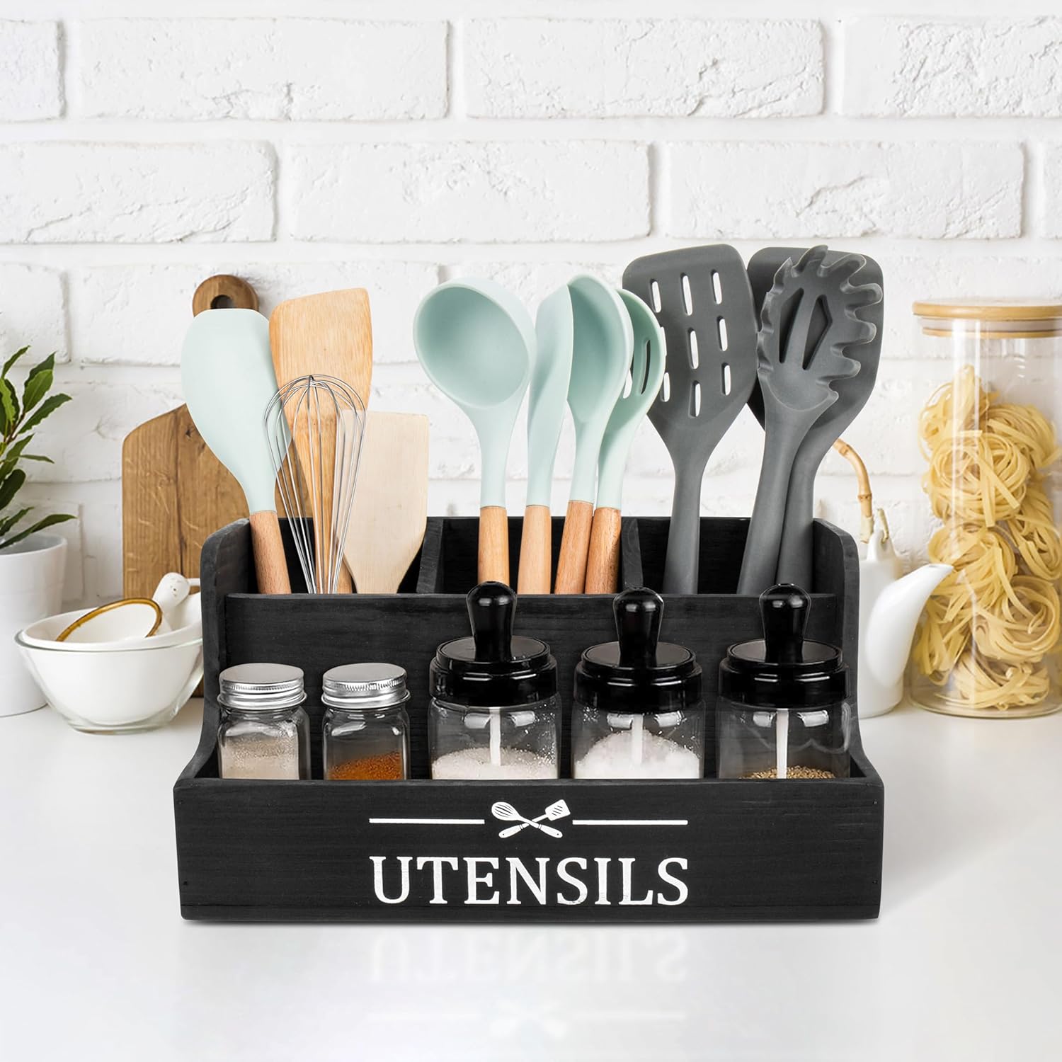 RedCall Extra Large Kitchen Utensils Holder 4 Compartments,Wood Utensil Organizer for Kitchen Countertop,Farmhouse Cooking Utensil Holder with Spice Storage space (Black)