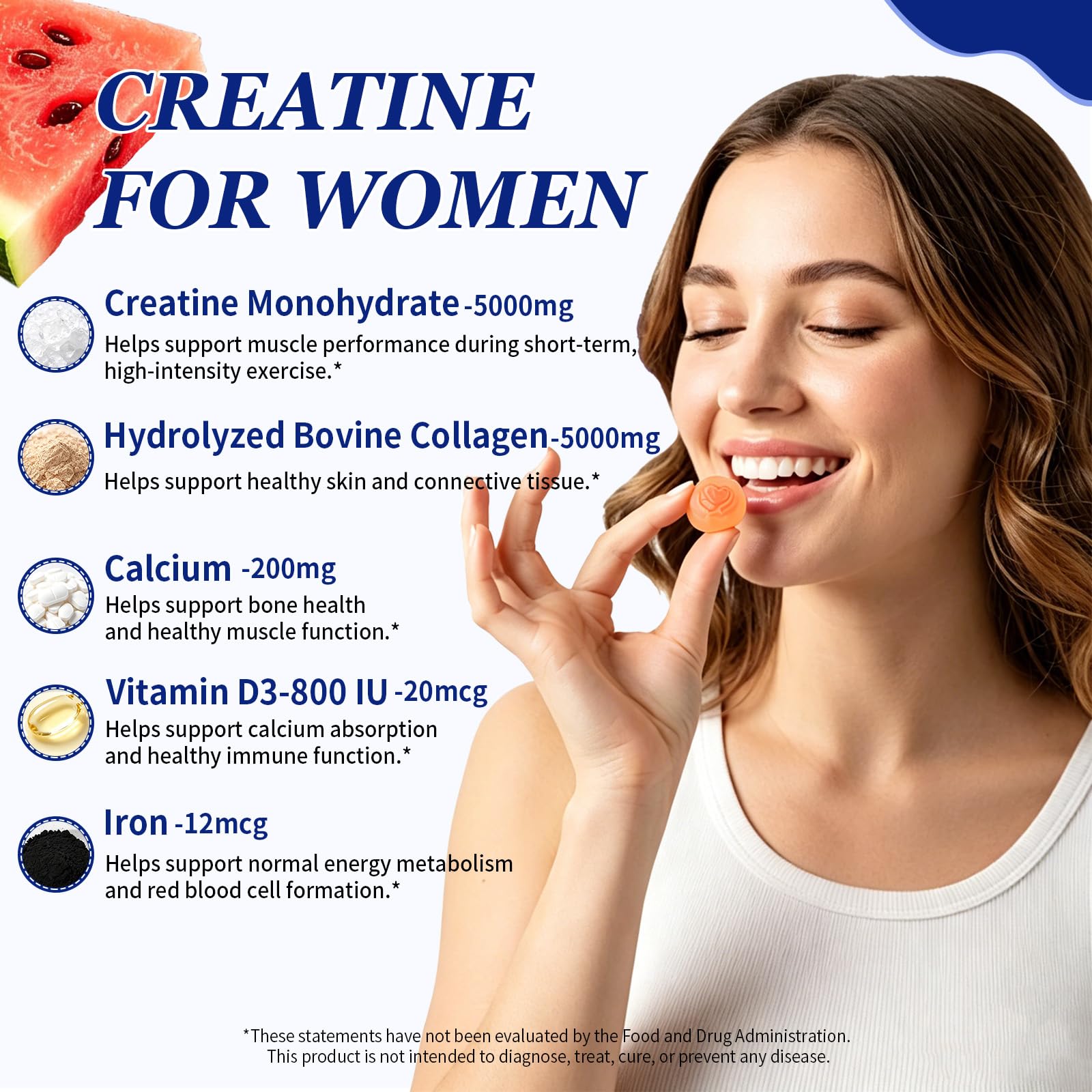 Creatine for Women, Creatine Monohydrate Gummies with Collagen, Calcium, Vitamin D3 for Booty, Energy & Strength, Watermelon Flavor, 100 Count — Amazon image 3