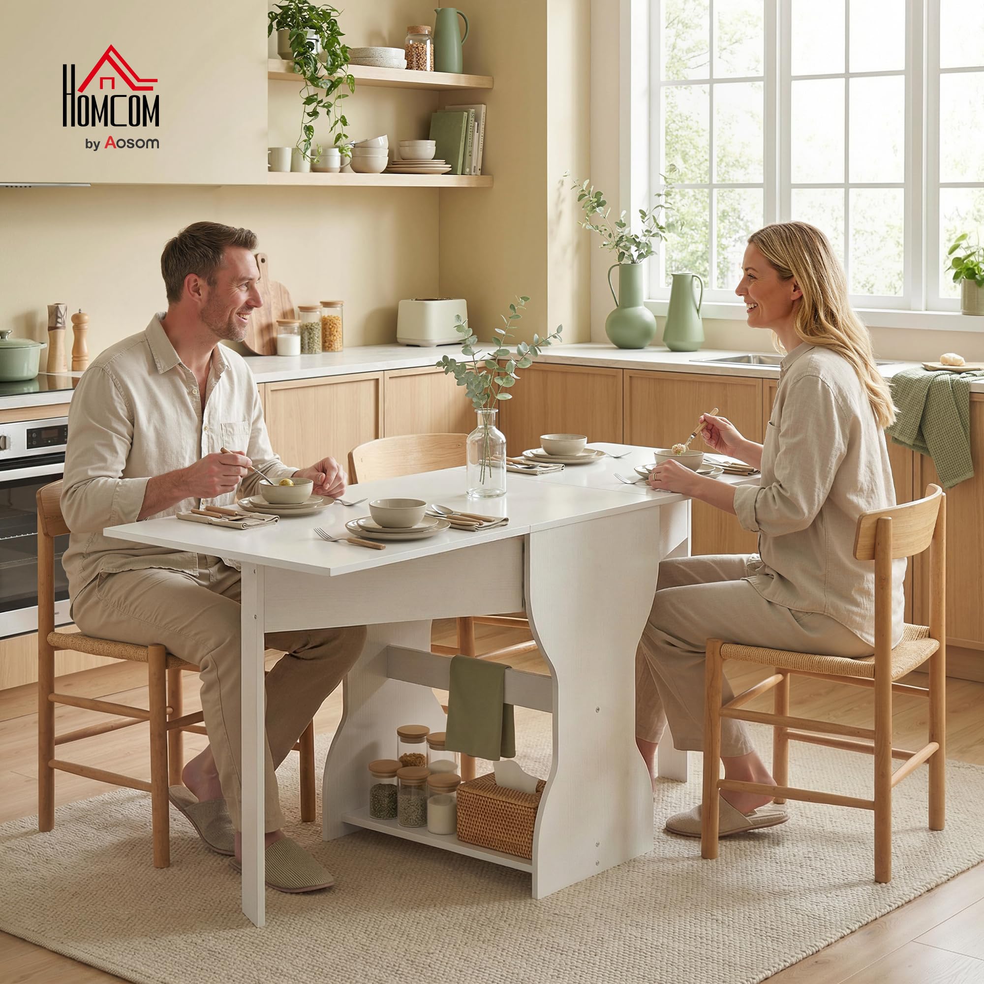HOMCOM Esstisch Klappbar, Küchentisch mit Stauraum für 2-4 Personen, Klapptisch Esszimmertisch für Kleine Räume, Esszimmer, Küche, 160 x 60 x 75 cm, Weiß