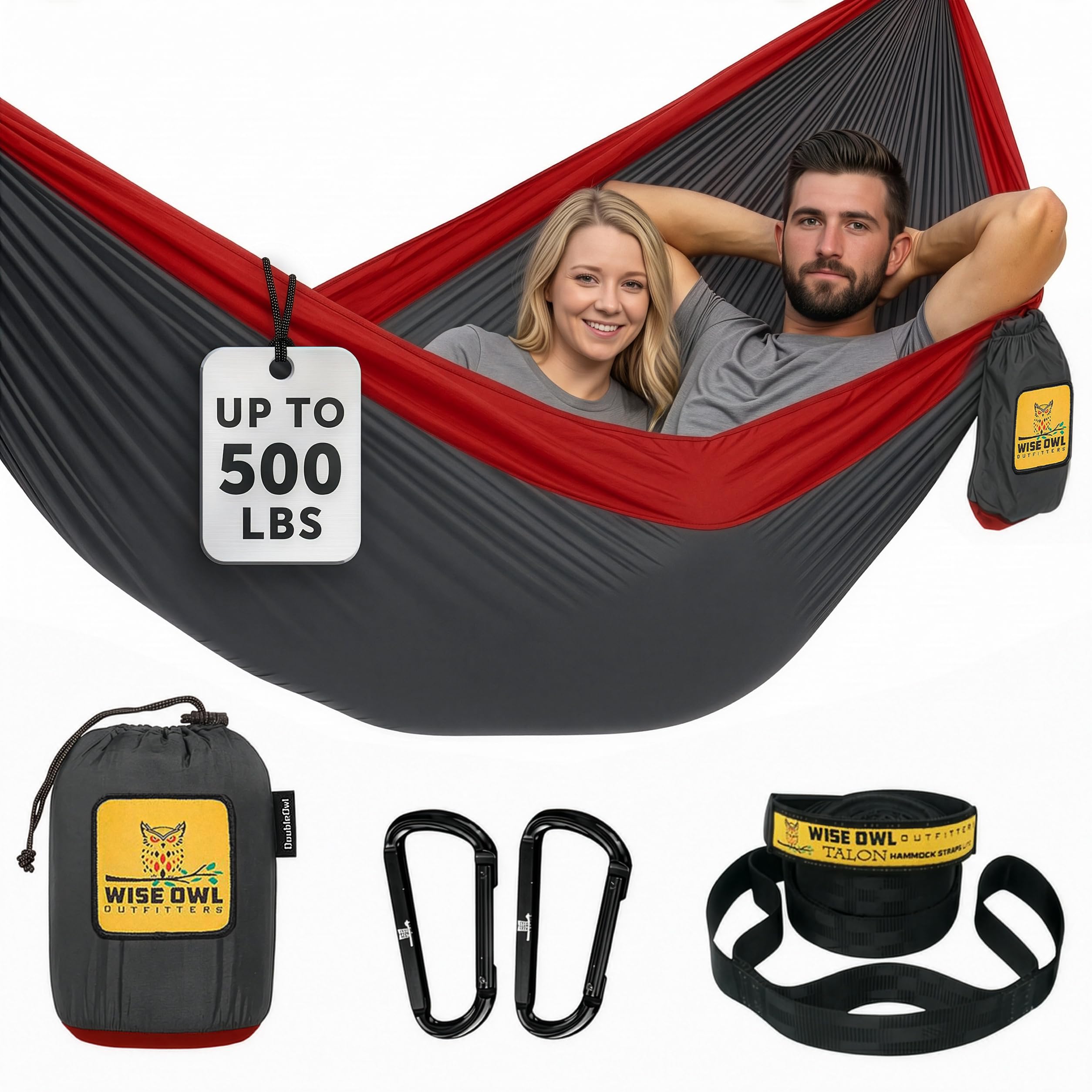 Hammock for Camping Double Hammocks Gear for The Outdoors Backpacking Survival or Travel - Portable Lightweight Parachute Nylon DO Charcoal & Red