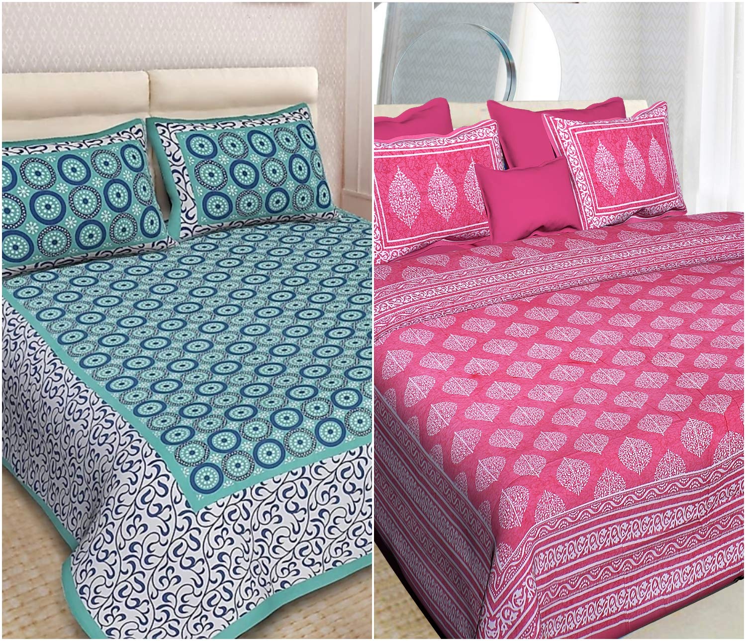 E-WISH BOX100% Cotton Rajasthani Jaipuri King Size Combo Bedsheets Set of 2 Double Bedsheets with 4 Pillow Covers - Multicolor70