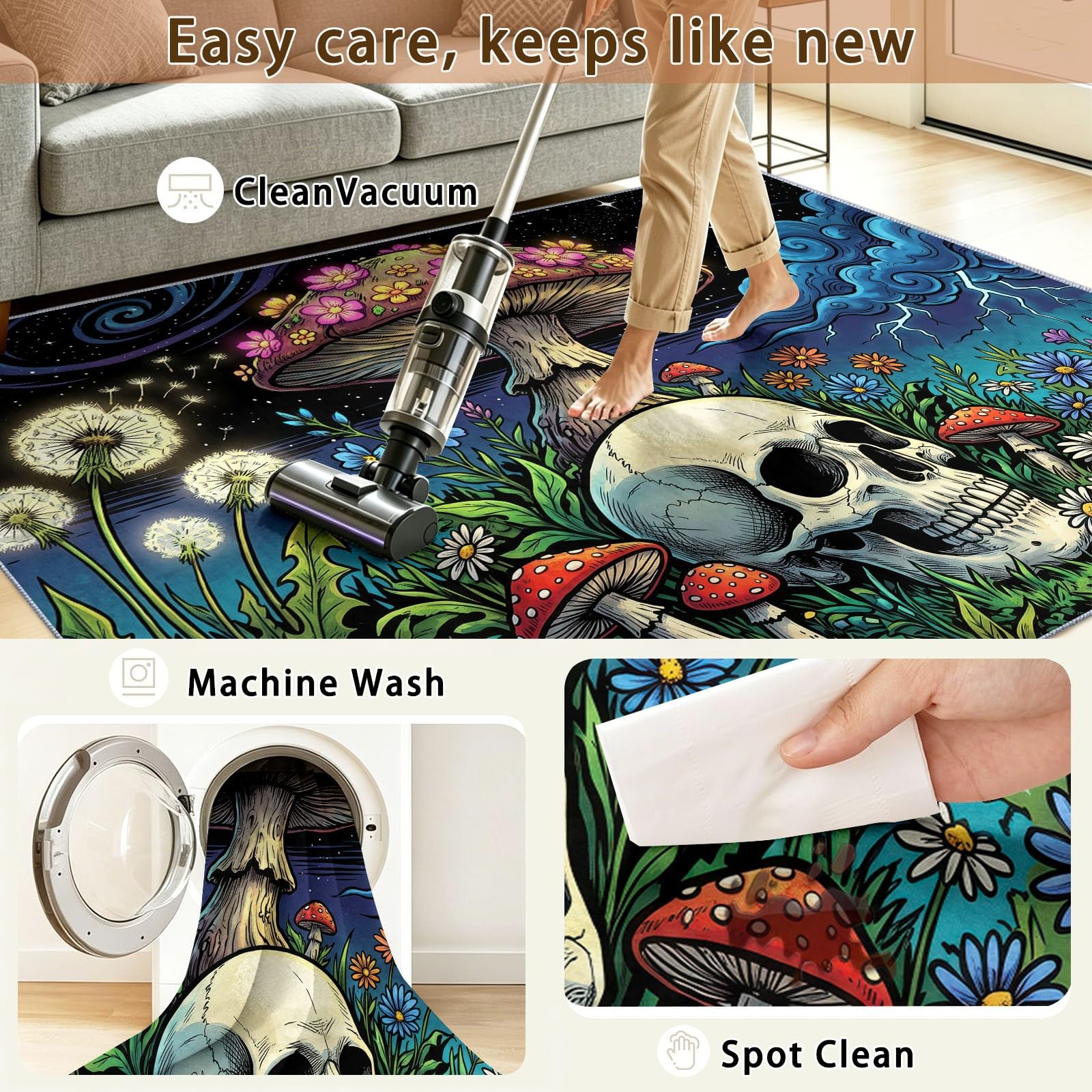 Tapis de Sol Jardin Gothique - Lavable en Machine Antidérapant Tapis à Poils Courts - Crâne Champignon Fleur Sauvage - Doux Moquette pour Chambre Salon Salle a Manger Bureau Bleu Vert 90x150 cm