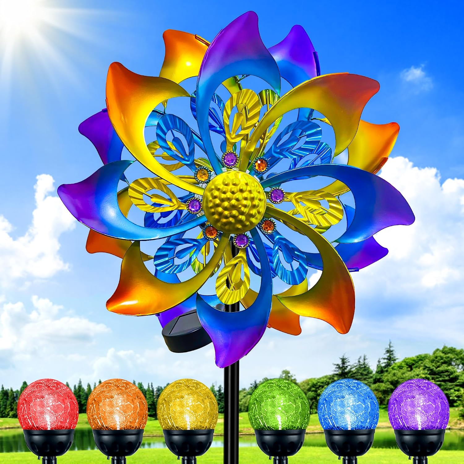60 in Large Wind Spinners Outdoor, Solar Double Sided Wind Sculpture