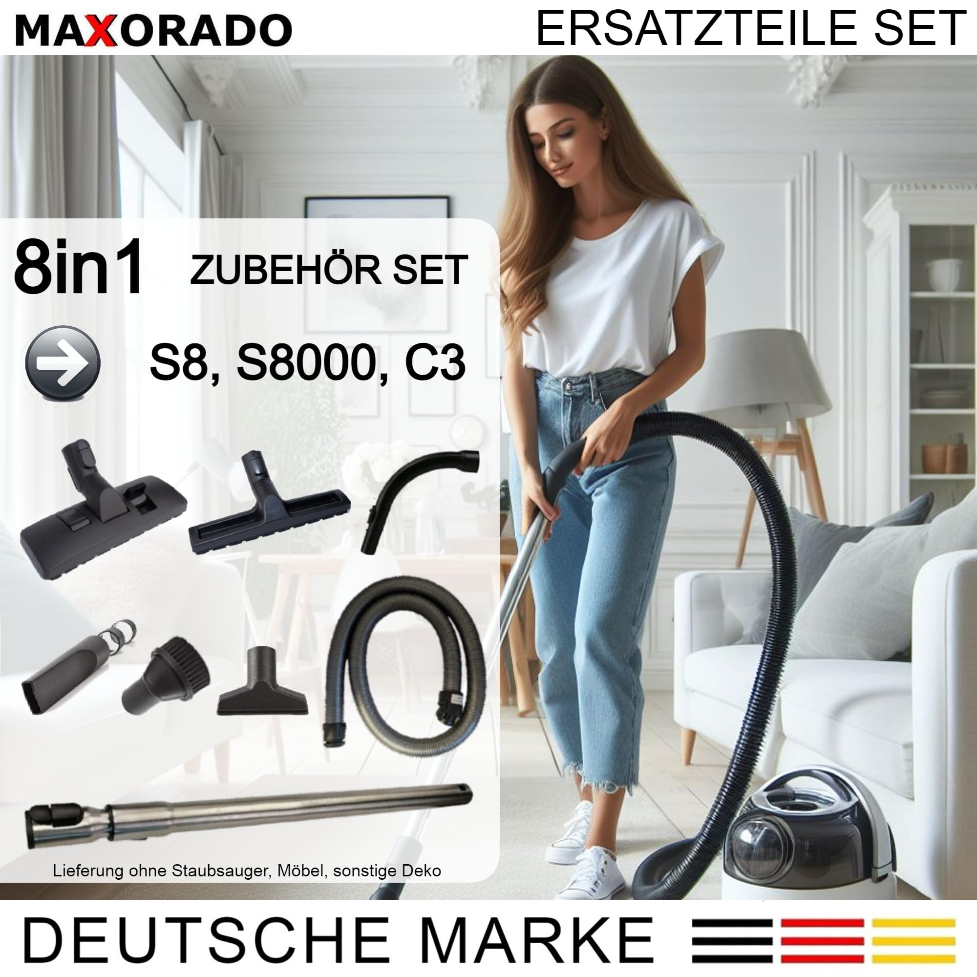 Kombidüse + Rohr + Handgriff + Schlauch + Düsen Ersatzteile Set Zubehör kompatibel mit Miele Complete C3 S8 S8340 S8430 S8520 S8530 S8710 S8730 S8790 Bodendüse Düse SGEAO SGEO