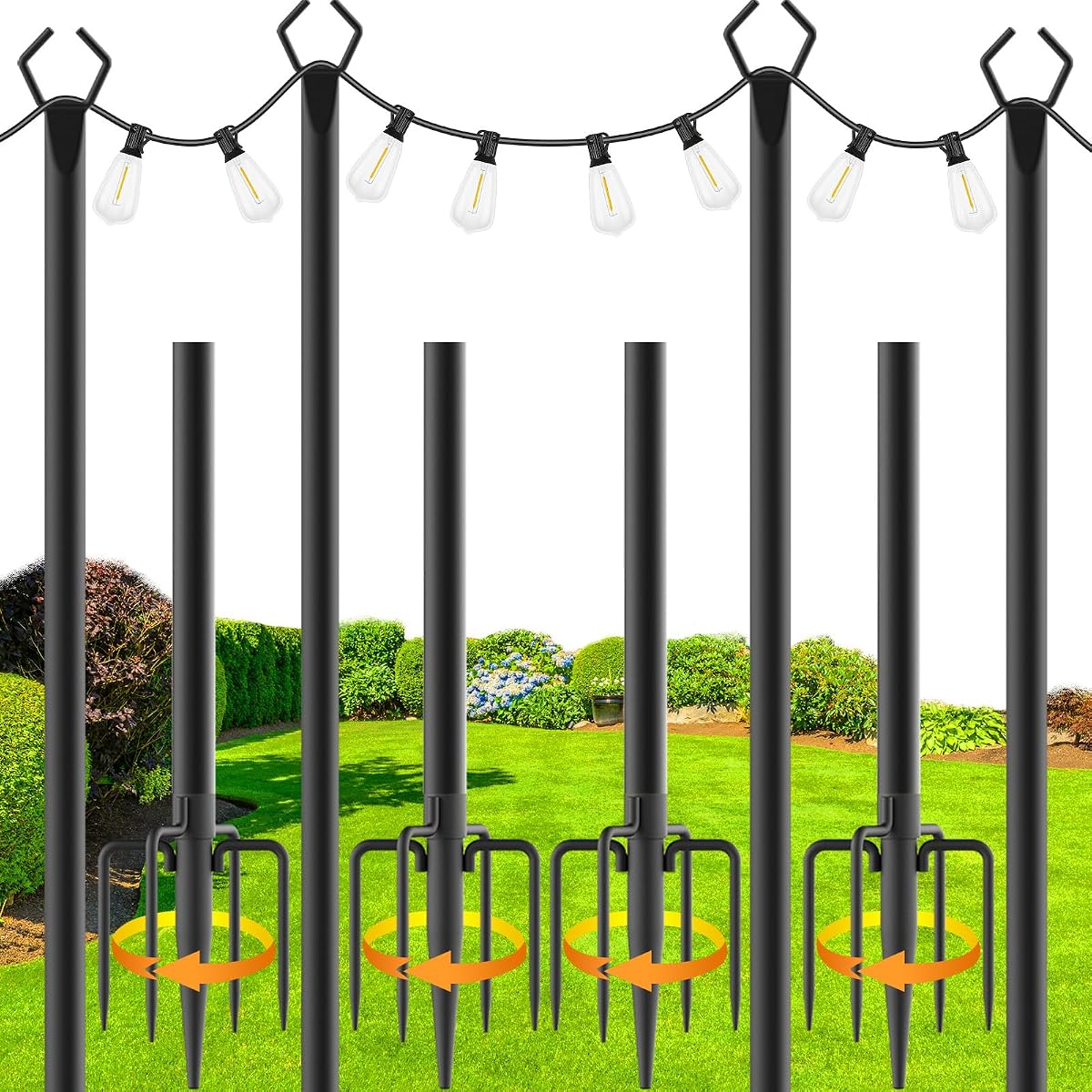 zoegi 4 Pack 10Ft String Light Poles,Light Poles for Outside Lights with Fork,Outdoor Brackets Hanging Lights,Metal Stand for Deck Patio,Backyard,Wedding,Deck,Party (4Pack)