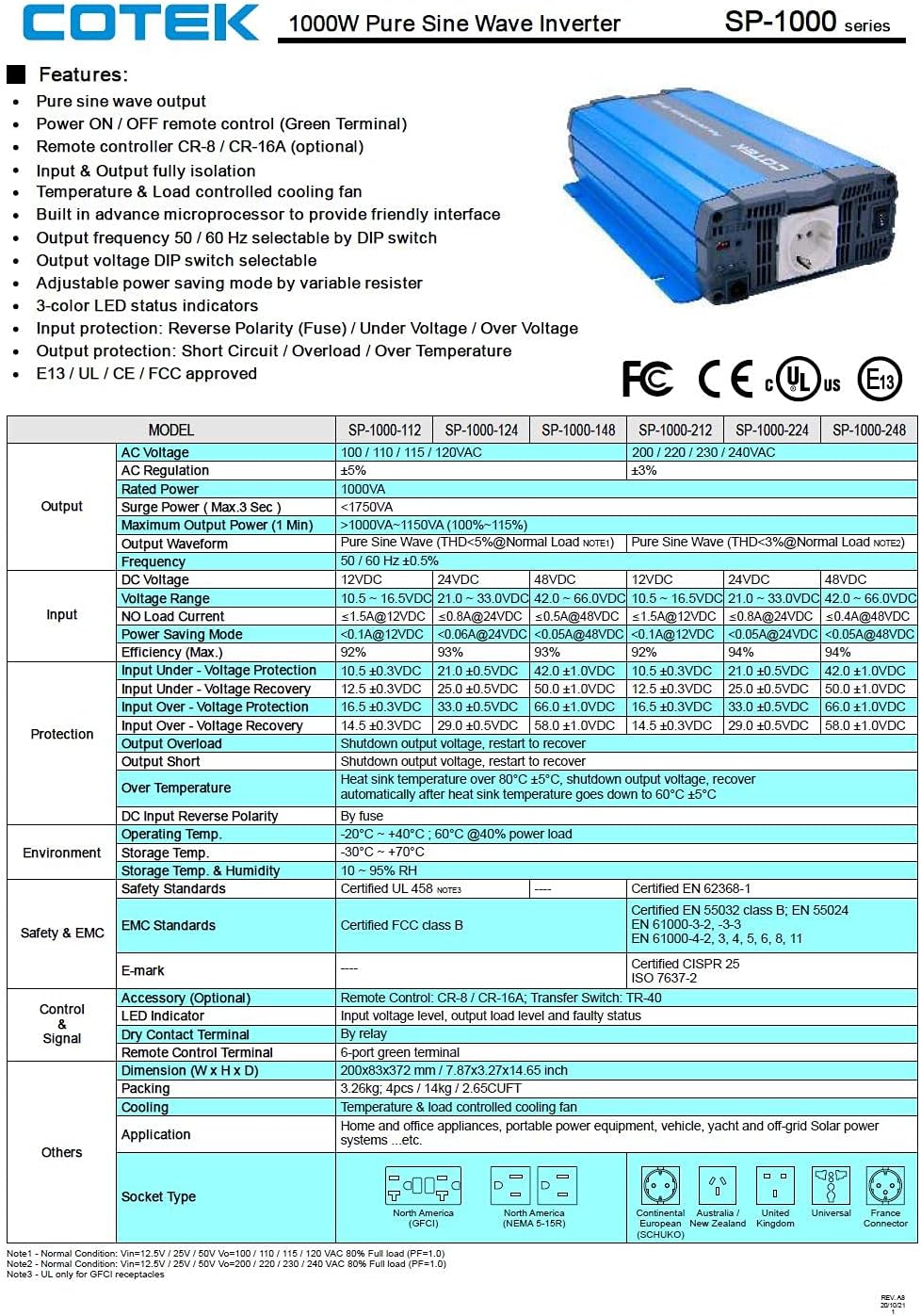 Cotek SP-1000 Series Inverter Features and Specifications Table