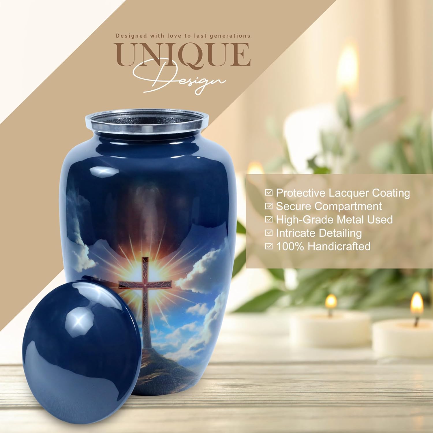 Cross Cremation Urn for Human Ashes Adult Male & Female – Large 200 Cu in Enamel-Coated Aluminum Funeral Urn Secure Lid & Velvet Bag – Decorative Blue Transcendent Faith Memorial Urn for Men & Women