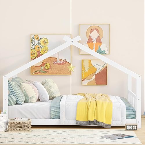 Miniatura 3 de Camas de madera Montessori tamaño matrimonial, cama de plataforma para niños con cabecero y estribo, no necesita somier (blanco)