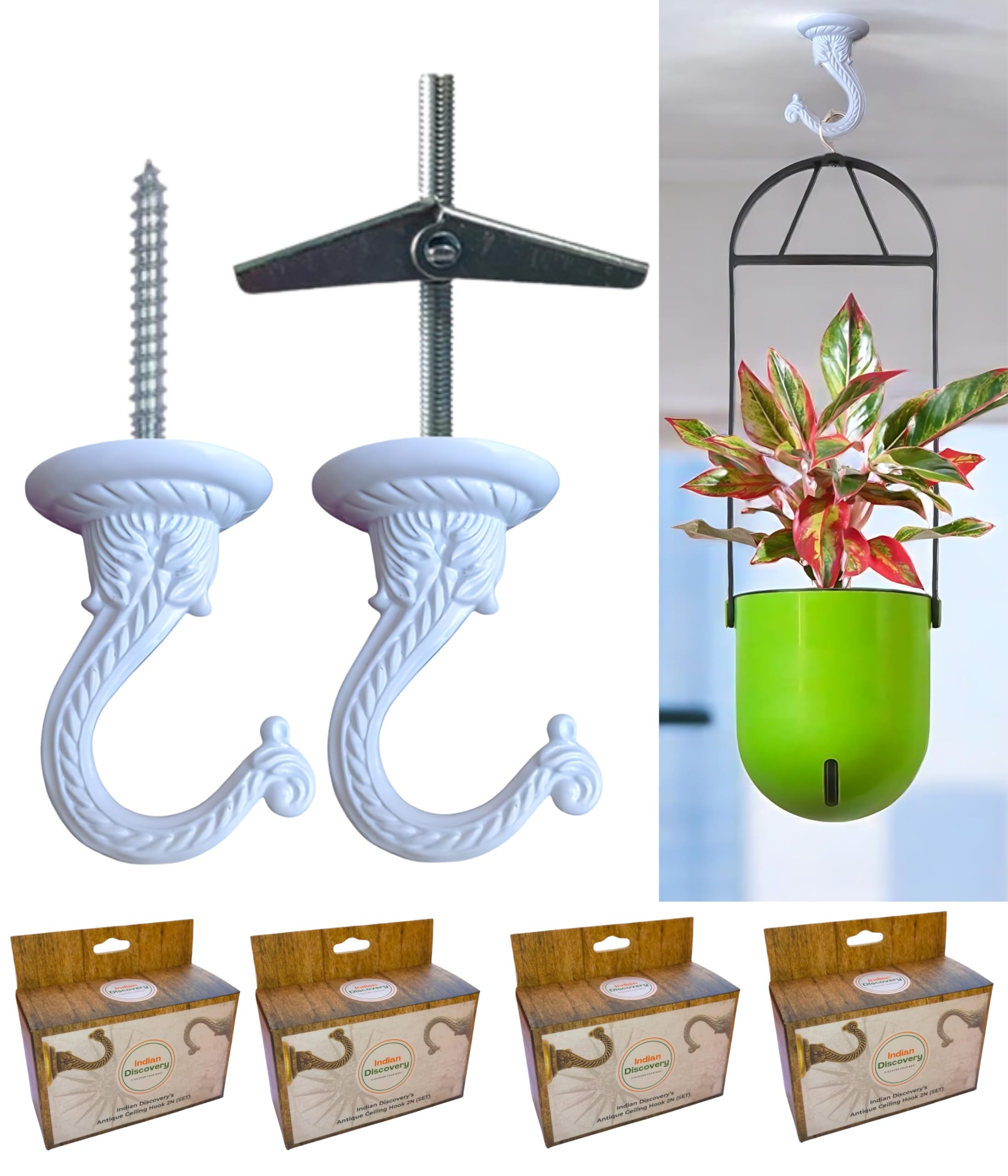 Indian Discovery® Antique Metal Plant Hanger Wall Hanging Plant Hook for Indoor Outdoor Plants, Windchimes, Planters, Diyas, Lanterns, Hanging Baskets Ornaments String Lights (Pearl White: Set of 8)