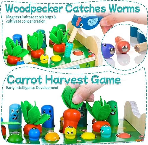 Miniatura 2 de WOODMAM Juguetes de madera Montessori para niños pequeños, juguetes educativos 6 en 1 con juego de golpear un topo, xilófono, juego de cosecha de