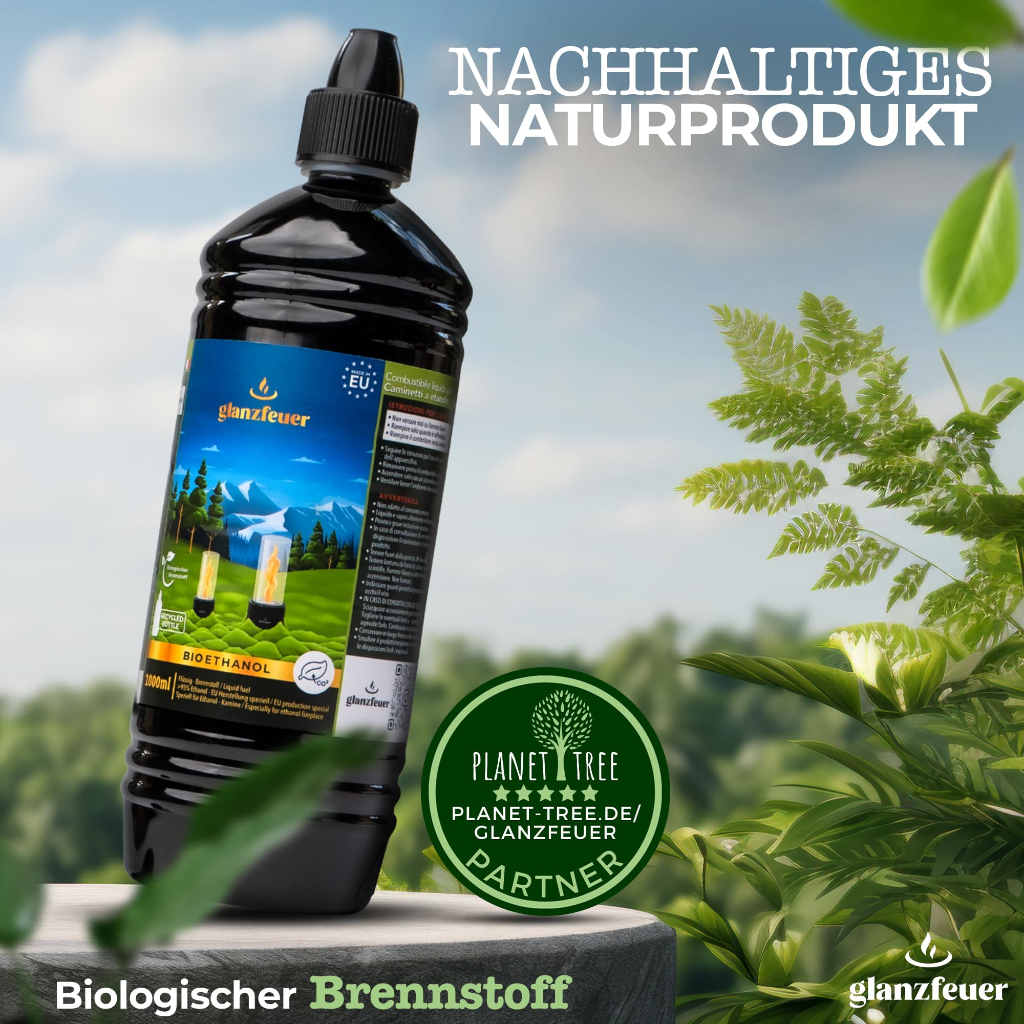Glanzfeuer Bioethanol Tischkamin Outdoor & Indoor inkl. Bioethanol - Extra Lange Brenndauer mit Wirbelflamme - Tischfeuer Deko - Tisch Kamin Feuer Feuersäule - Garten & Deko Geschenk