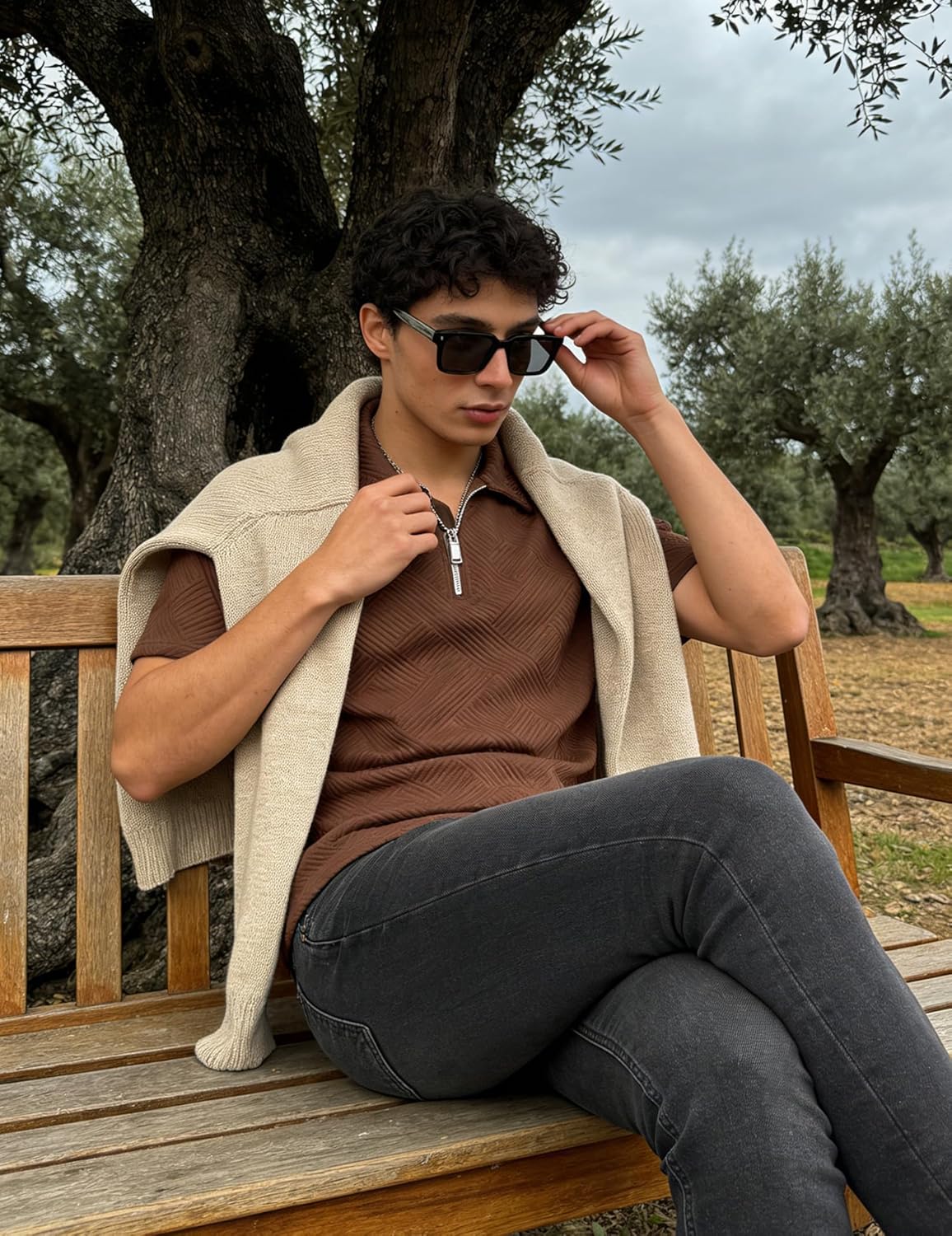 UOUA Men's Zipper Polo Shirts Short Sleeve Sweatshirts Soild Color Tops Striped Texture Casual Golf T - Image 5