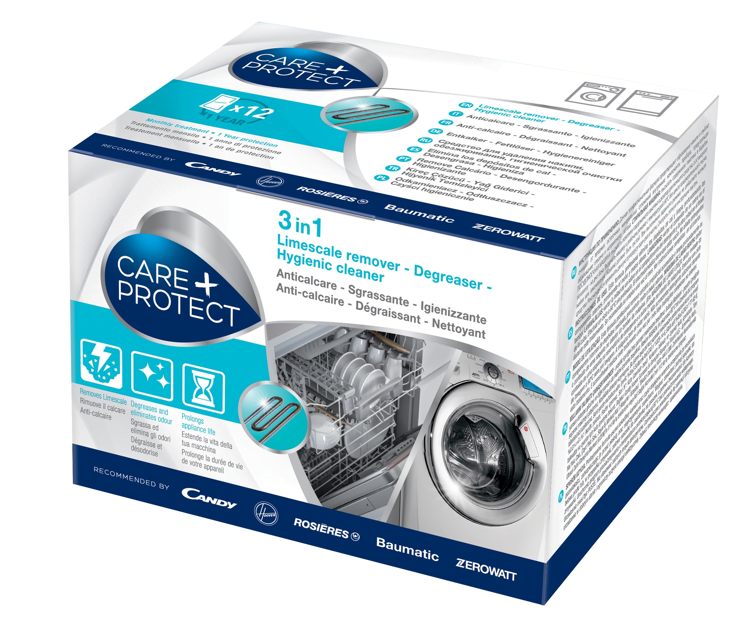 CARE + PROTECT - NETTOYANT 3 EN 1 LAVE LINGE SECHE LINGE LAVE VAISELLE X12 TOUTES MARQUES