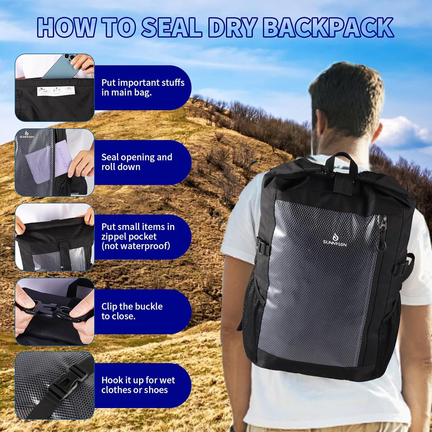 Dry Bag Backpack,25L Dry bags waterproof Kayaking, Waterproof bag with Waist Pouch and Phone Case,Waterproof Backpack Marine dry bag for Kayaking, Beach, Rafting, Boating (Black) - Image 6