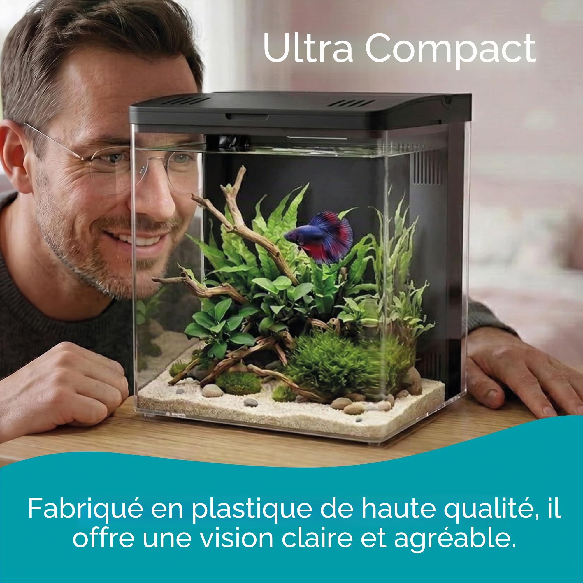 AQPET Neya Aquarium de Bureau avec Filtre et Pompe incluses, LED 5 Modes et Ports USB – Mini Aquarium en Acrylique avec Couvercle ouvrant, idéal pour Betta, Caridines et Plantes Aquatiques 5 l (Noir)