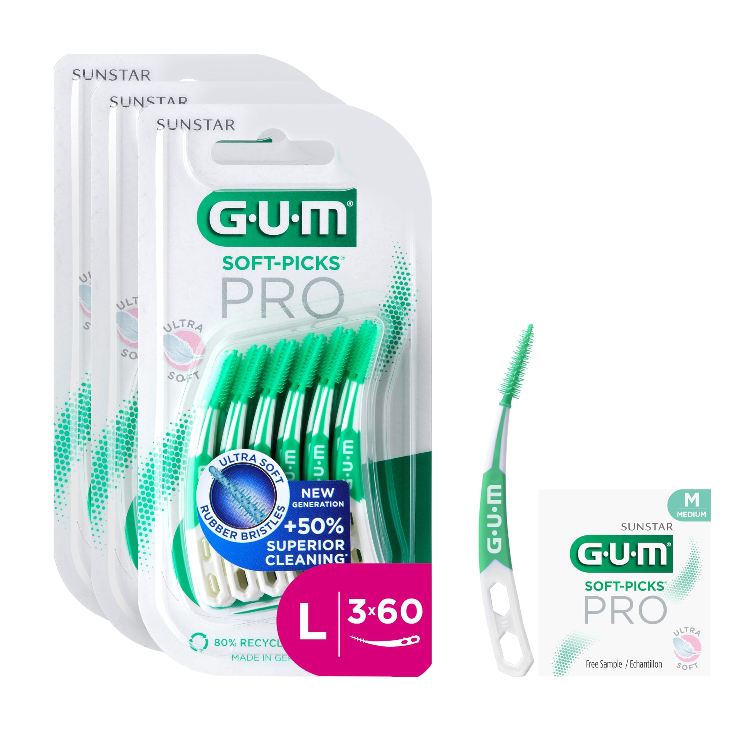 GUM SOFT-PICKS PRO Scovolini interdentali | design curvo per un facile accesso alle aree difficilmente raggiungibili | azione delicata per gengive sensibili ([L - 3x60] +1 bonus sample)