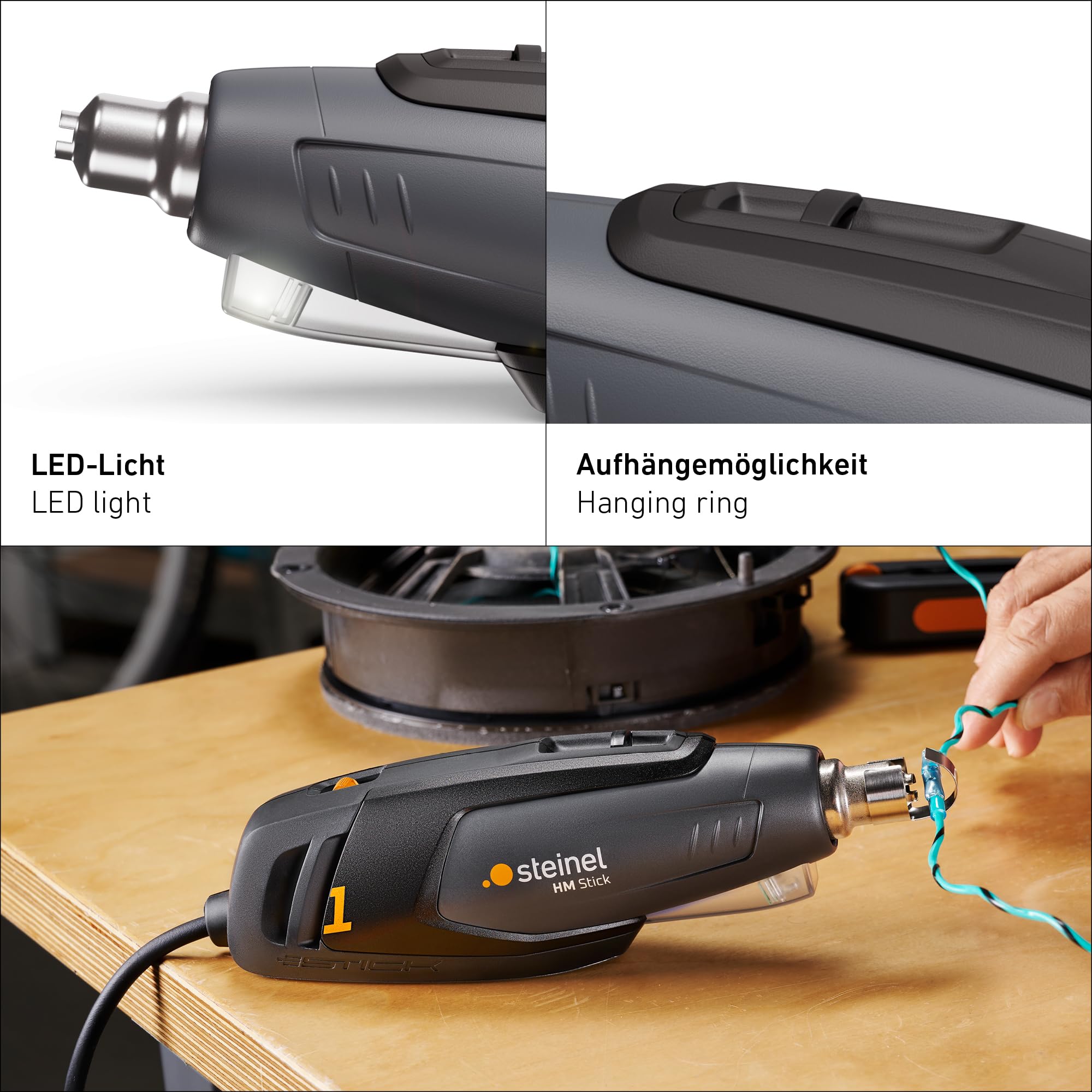 Steinel Mini pistola de aire caliente HM Stick, incluye 4 boquillas, 350 W, 400°-500°C, luz de trabajo LED, pistola de aire caliente para bricolaje y modelismo