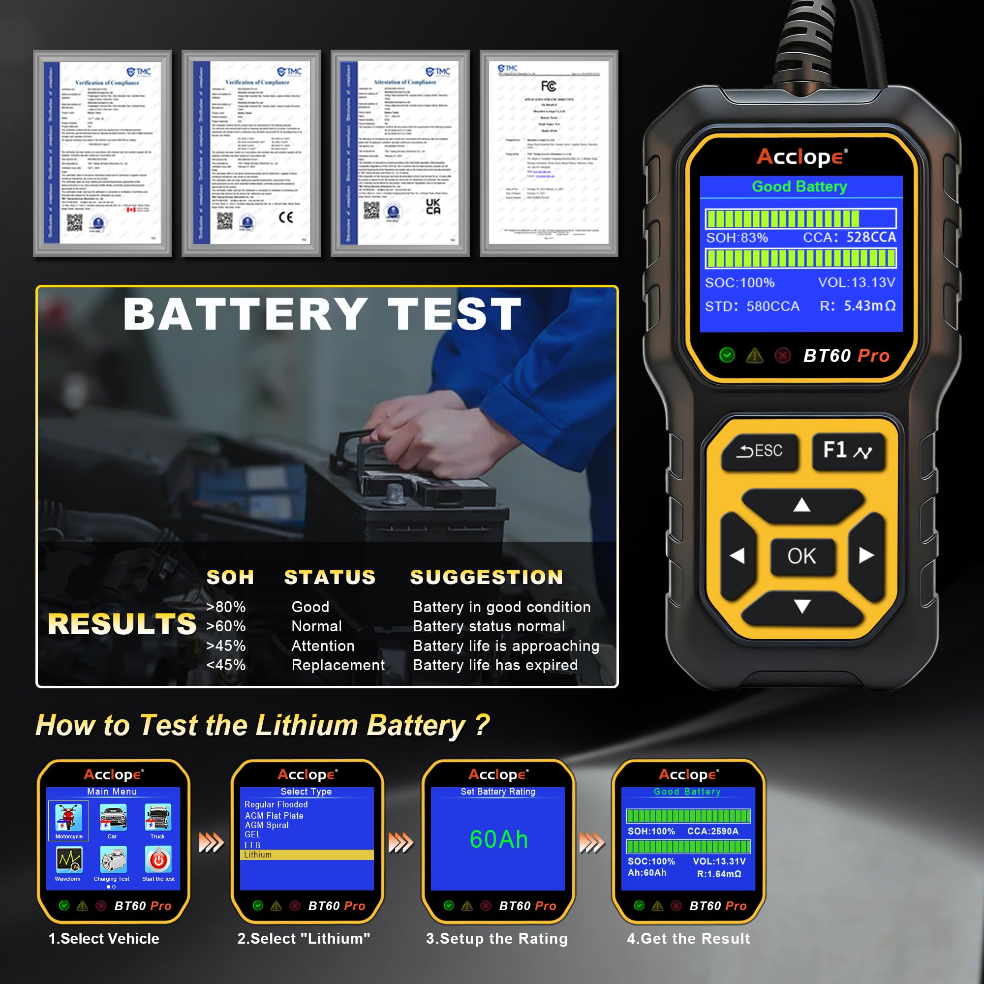 BT60 Pro, Comprobador Digital de Baterías, Analizador de Sistema de Carga y Arranque, 6V/12V/24V, Compatible con AGM, Litio, Gel, 100-3000 CCA, para Vehículos, Camiones, Motocicletas