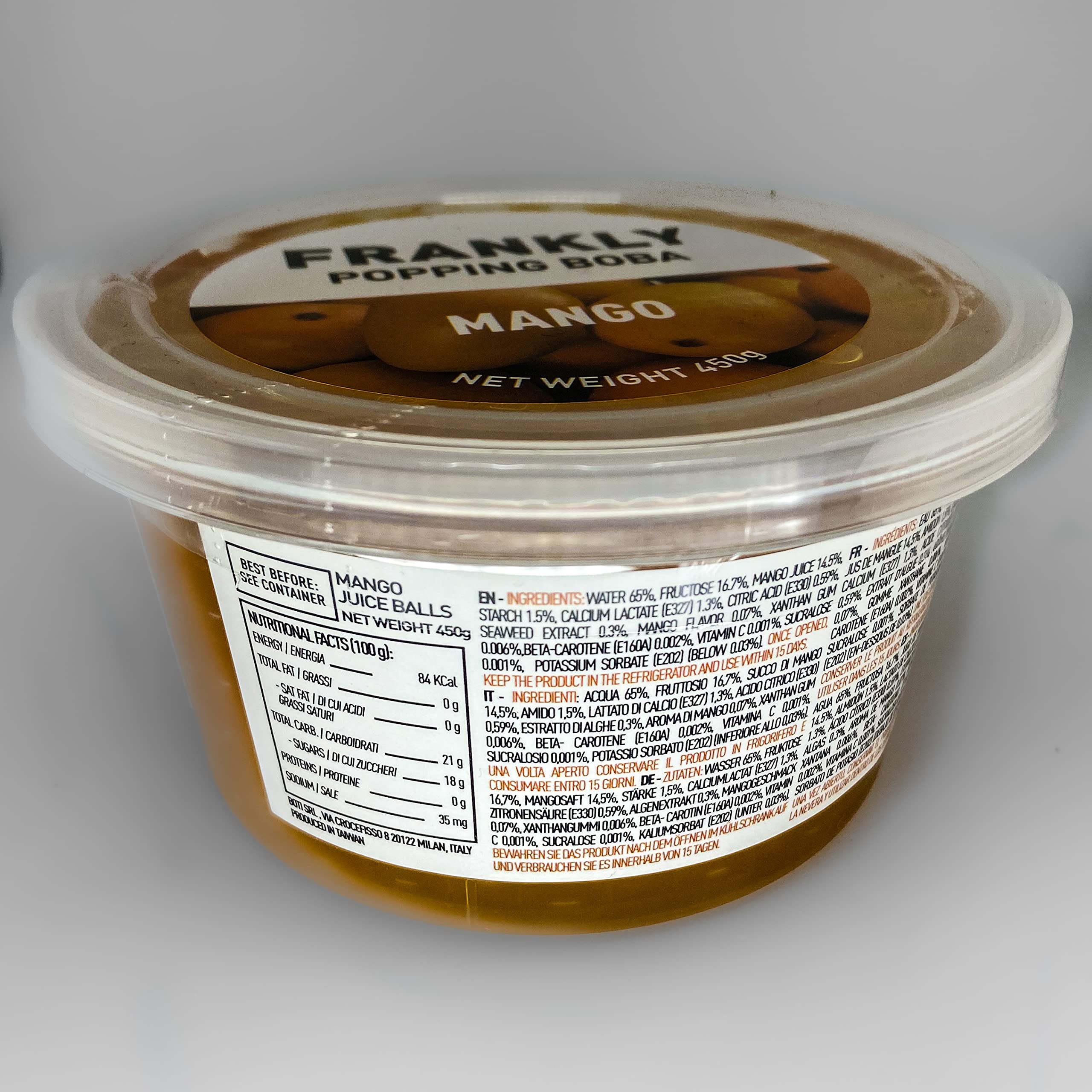 FRANKLY Popping Boba - Esferas de fruta para Bubble tea, té de burbujas, yogur, pasteles y dulces (Mango, 450g)