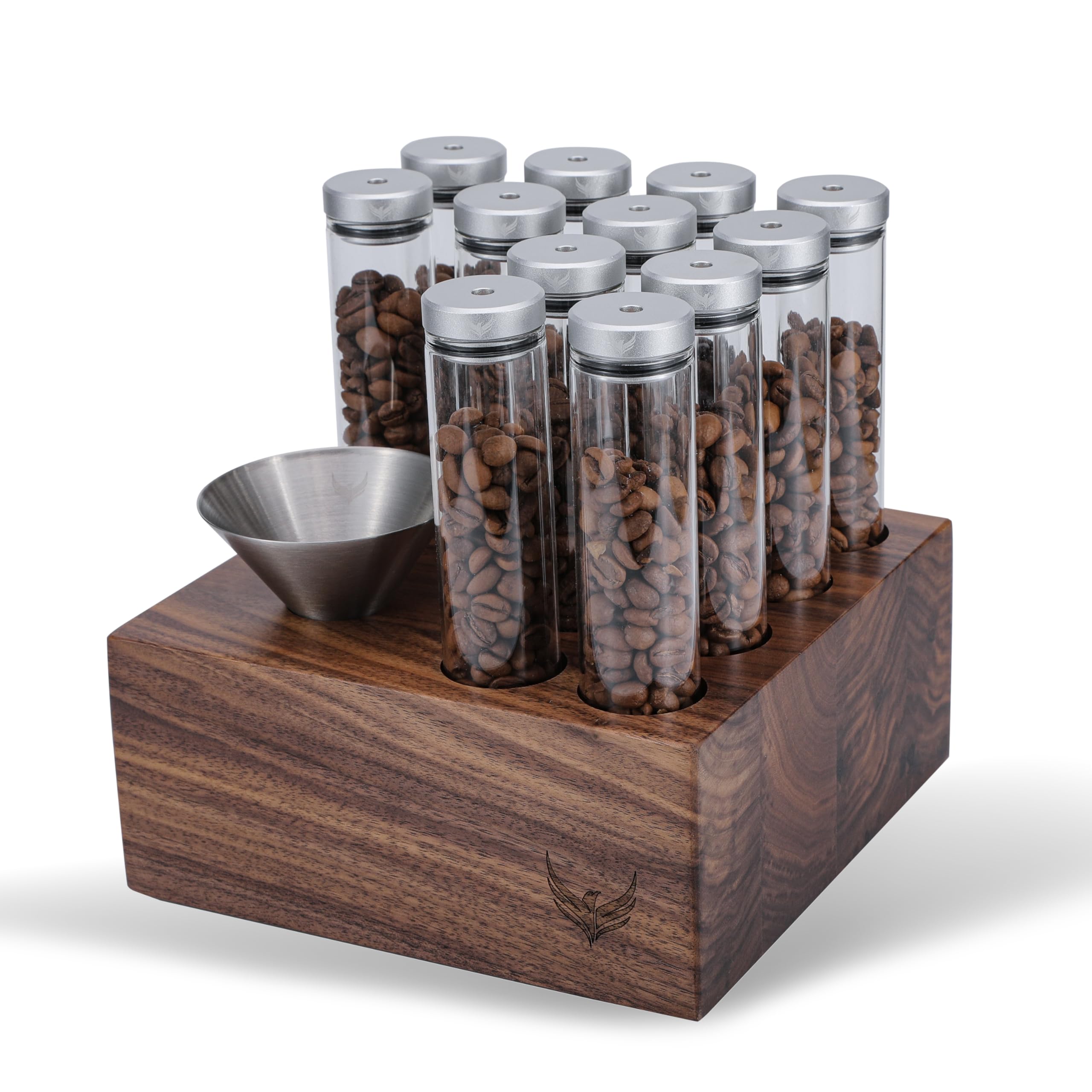 Kaffee Röhrchen Set – 12 Glasröhrchen mit Einweg-Entlüftungsventil, Walnussständer & Edelstahl-Trichter, Luftdicht für Single Dose Coffee Bean Storage Tubes & Frischebewahrung